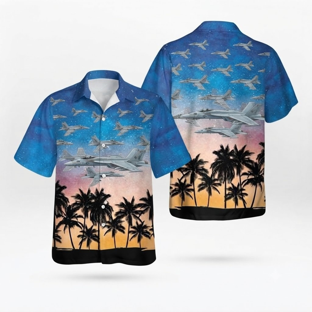 Fighter Jet Formation & Tropical Sunset Unisex Hawaiian, Gift For Fans