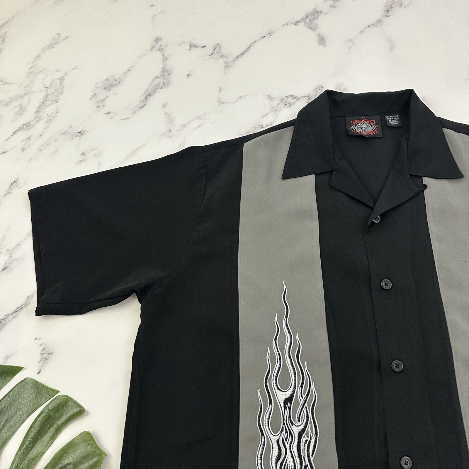 Dragonfly Roadhouse Mens Button Up Shirt Size L Black Gray Embroidered Flames