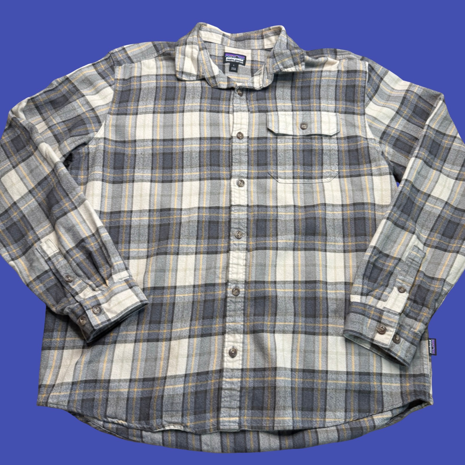 Patagonia Flannel Shirt Large Mens Gray Beige Plaid Organic Cotton Outdoor