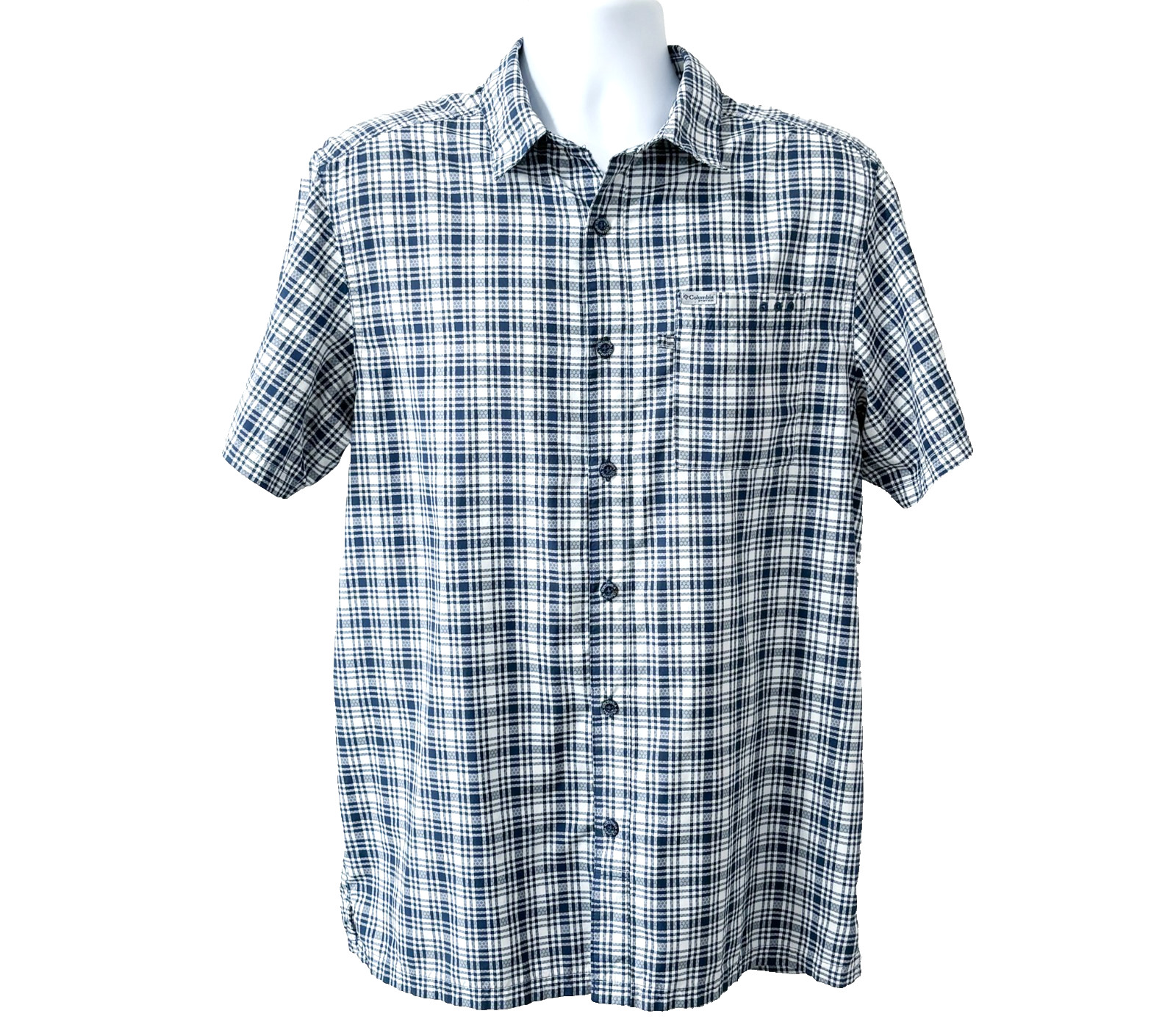 Columbia PFG Slack Tide Shirt Mens Medium Blue/White Plaid Short Sleeve Fishing