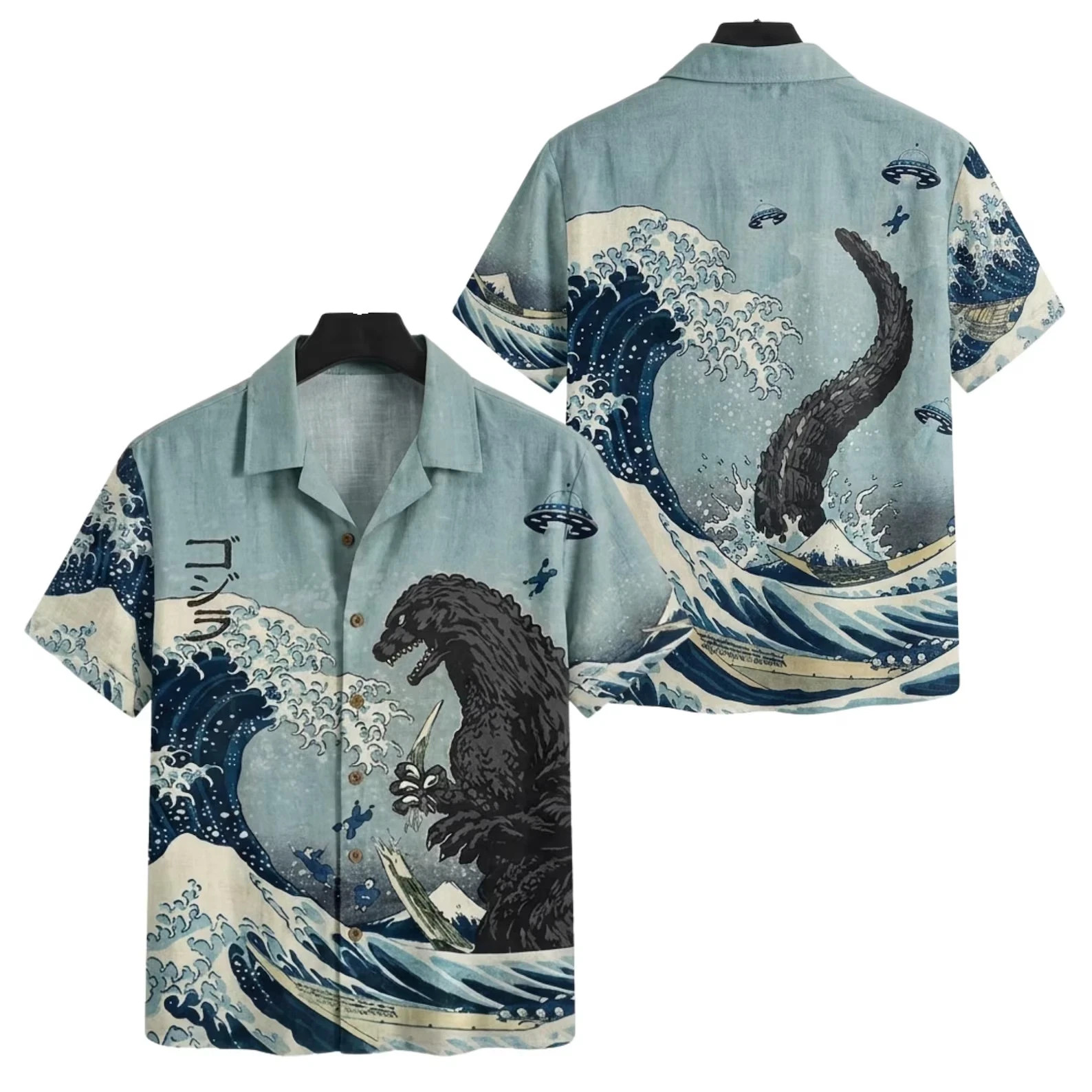 Godzilla Great Wave Hawaiian Shirt, Japanese Kaiju Aloha Button