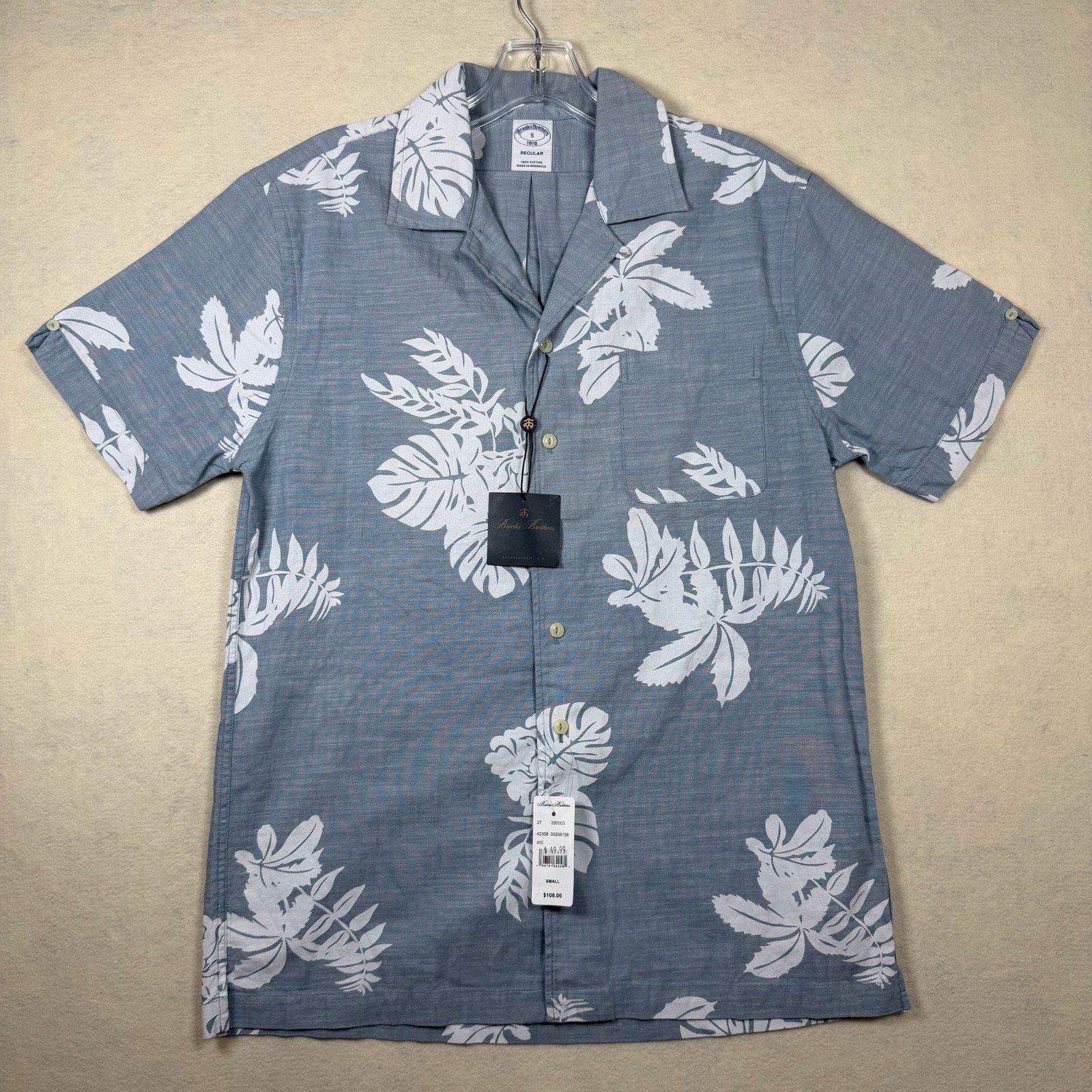 Brooks Brothers 1818 Mens Small Indigo-Dyed Cotton Floral Leaf Print Camp Shirt