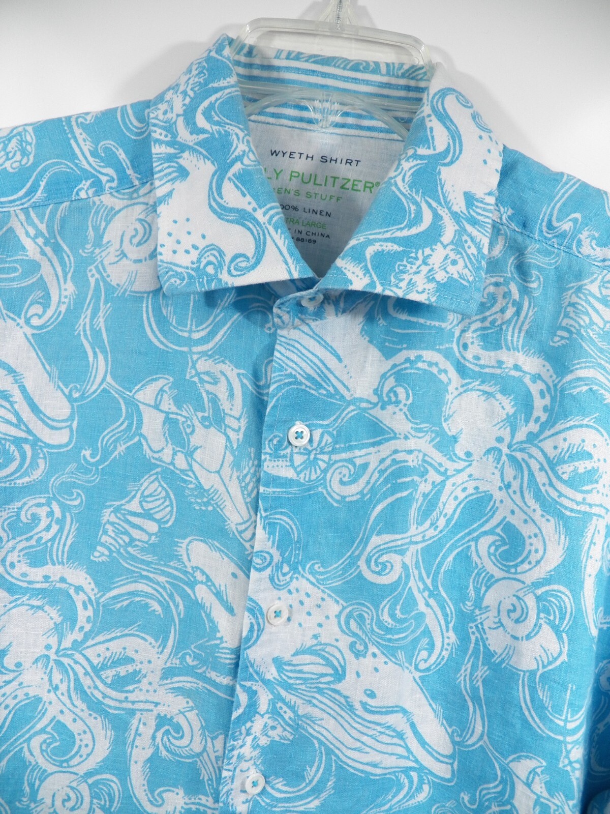 LILLY PULITZER MENS XL SHIRT BLUE WHITE LINEN SHARK WHALE LOBSTER PRINT RARE VTG
