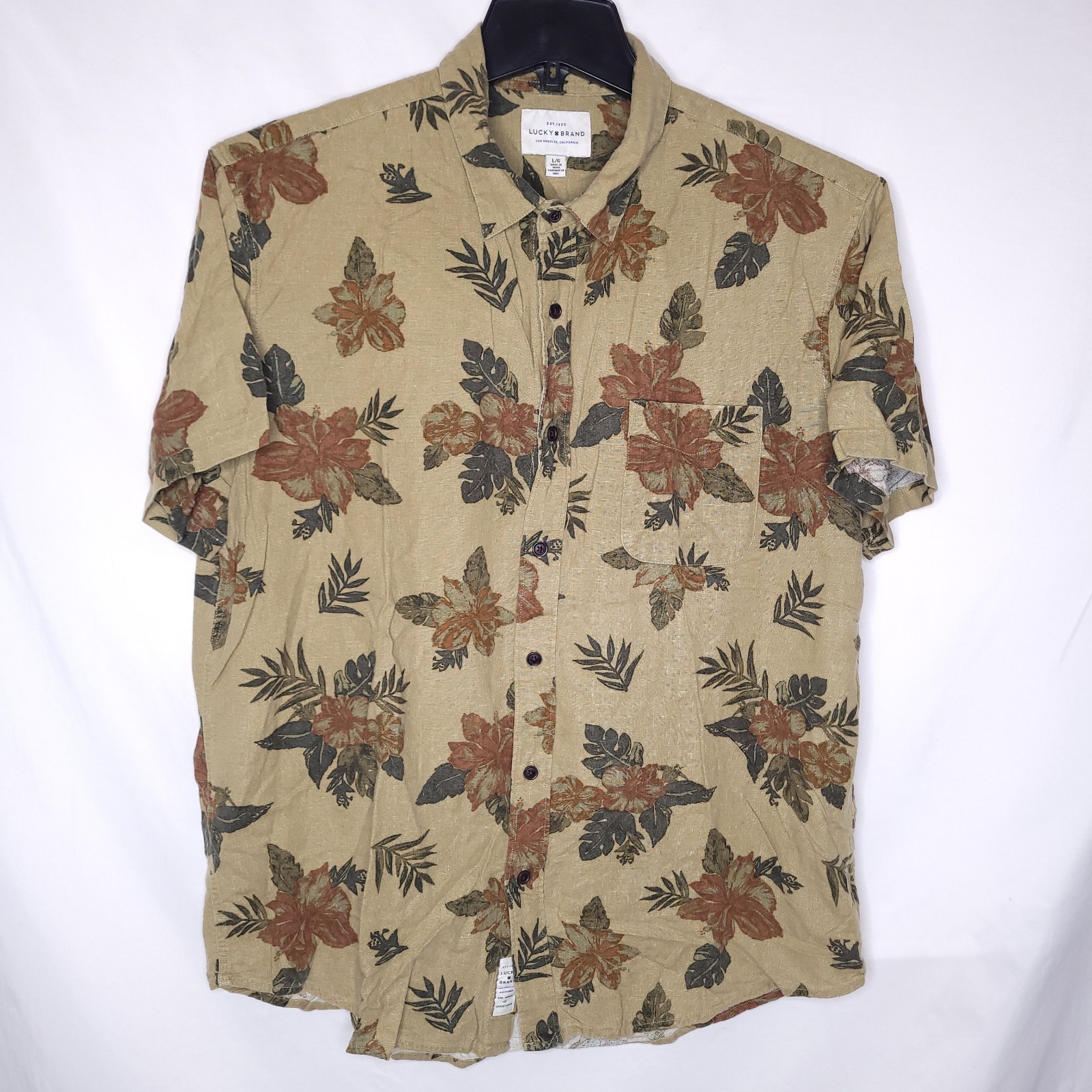 Lucky Brand Linen Shirt Mens Large Green Leaf Floral Short Sleeve