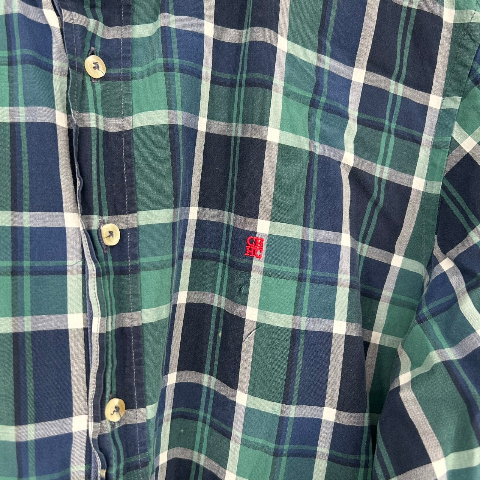 Carolina Herrera Dress Shirt Mens 16.5 Green Plaid Long Sleeve Button Down