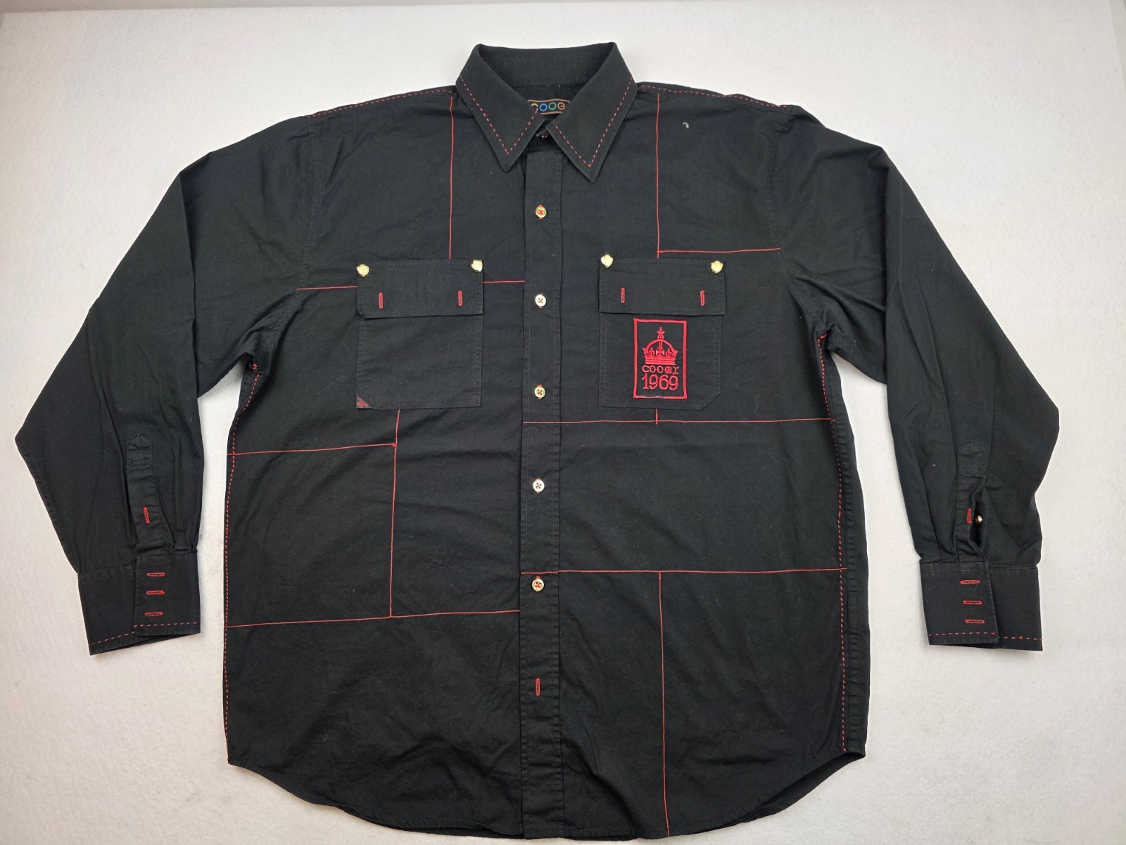 Coogi Embroidered Spellout Logo Button Up Long Sleeve Shirt Mens XL 1969 Crown