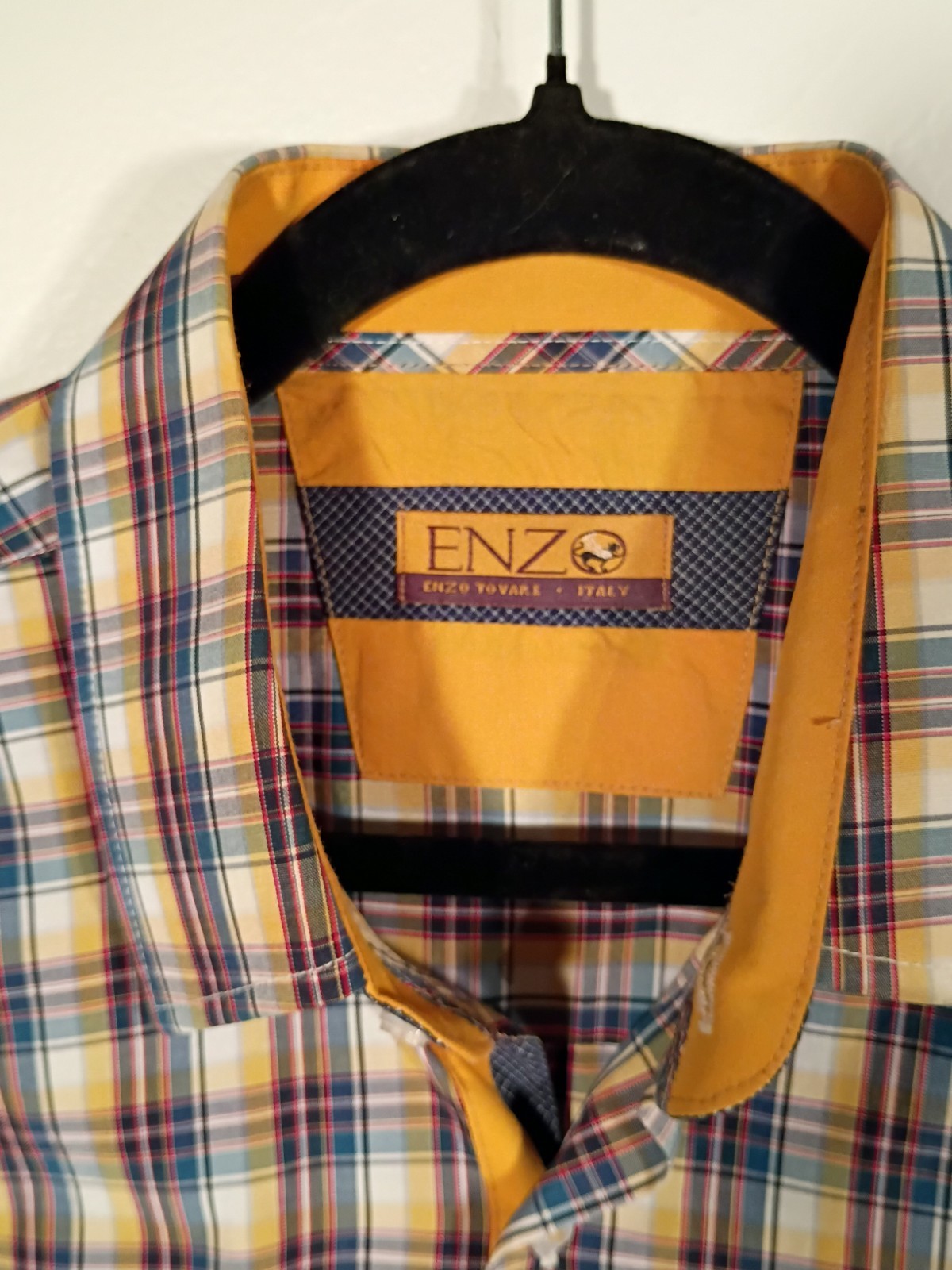 Enzo Made in Italy Button Up Mustard Teal Plaid Shirt Size M/L Convertible Cuff