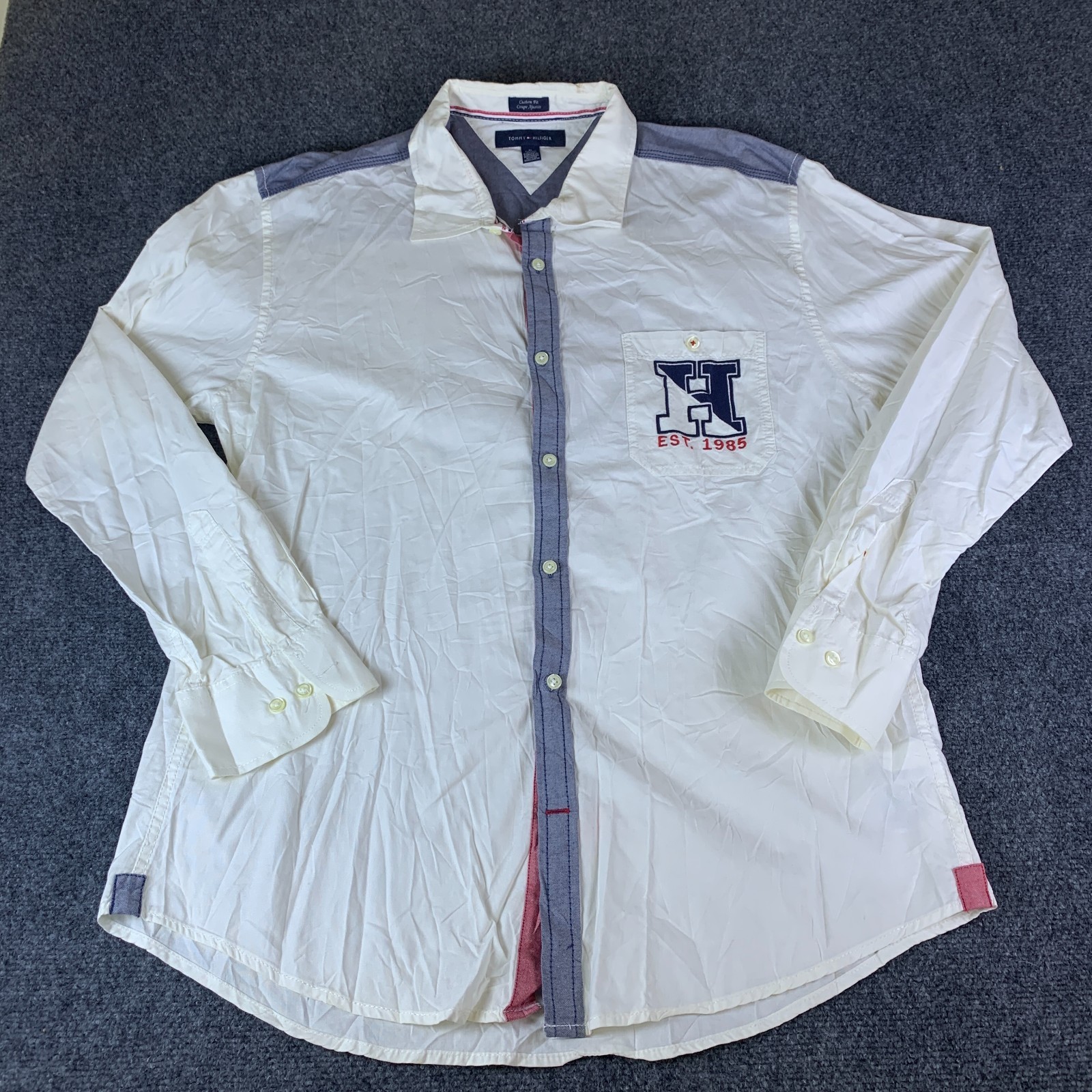 Tommy Hilfiger Shirt Mens XL White Blue Logo 85 Embroidered Cotton Button Up