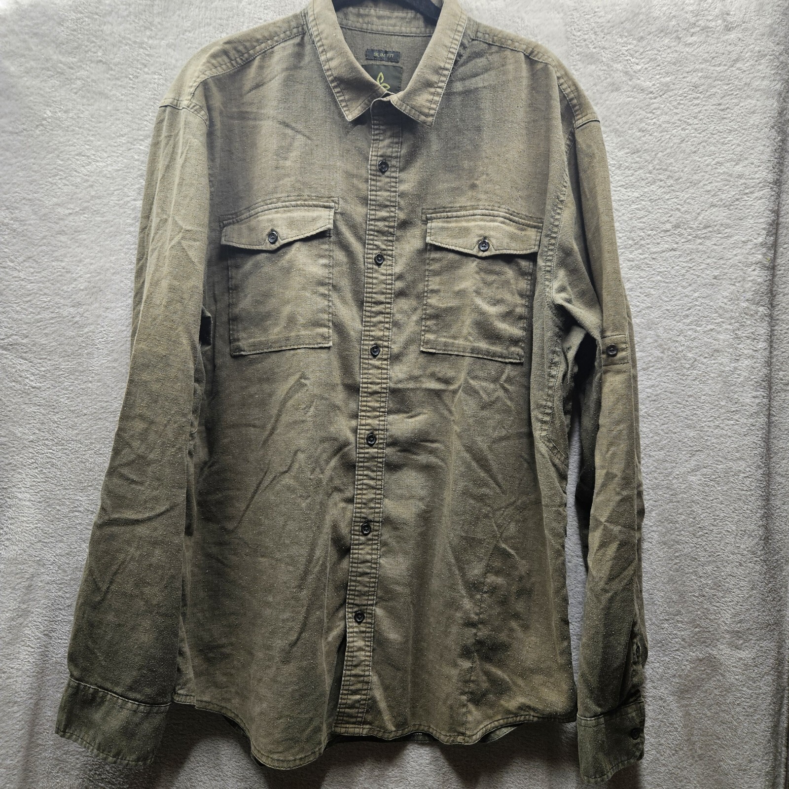 Prana Merger Button Up Shirt Men XL Green Roll Tab Sleeve Long Sleeve Hemp Blend