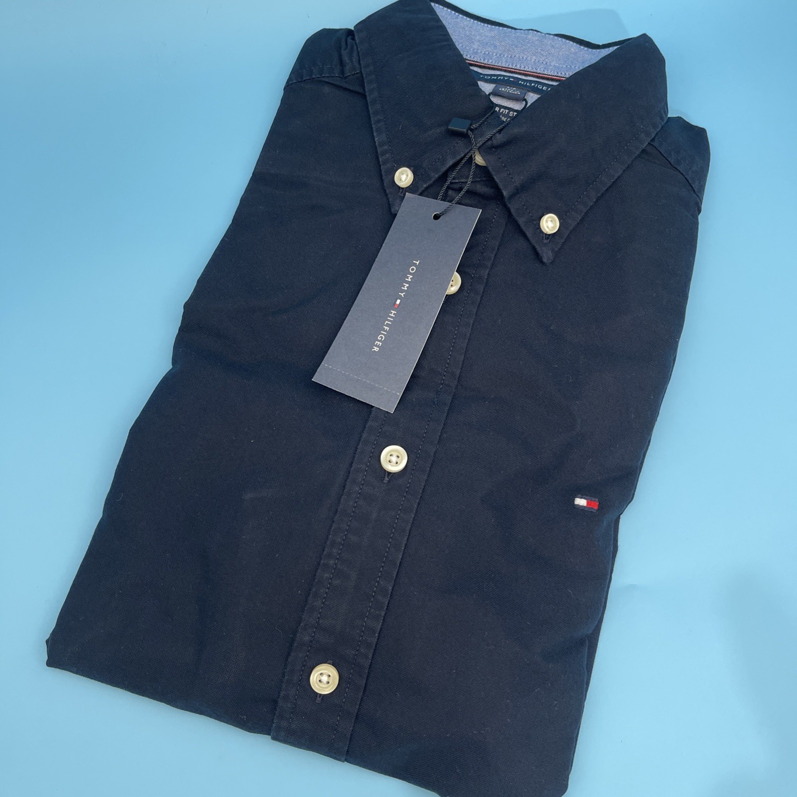 New Tommy Hilfiger Men’s Button Down 100% Cotton Shirt Size S Navy
