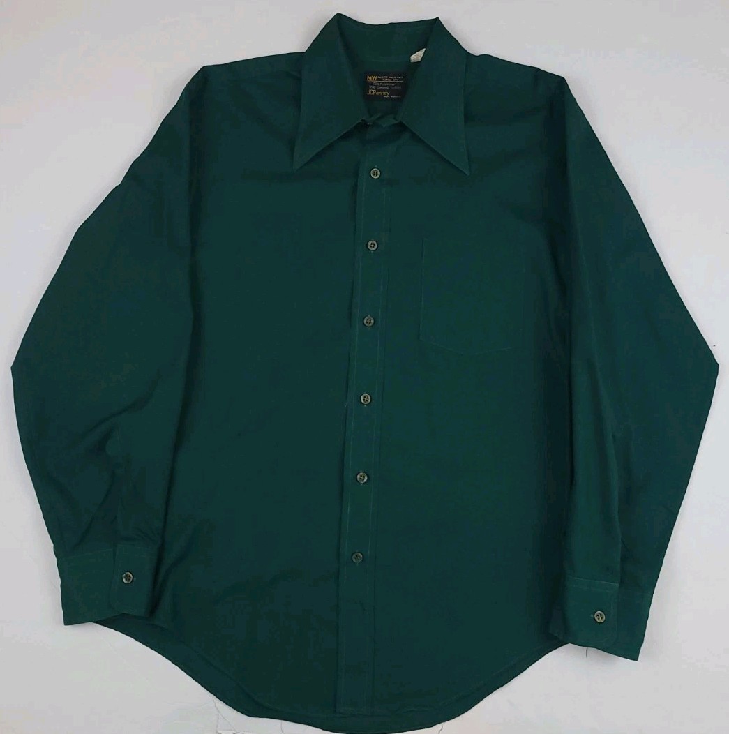 Vintage 70s Jc Penney Dark Green Button Shirt Combed Cotton Blend Lightweight