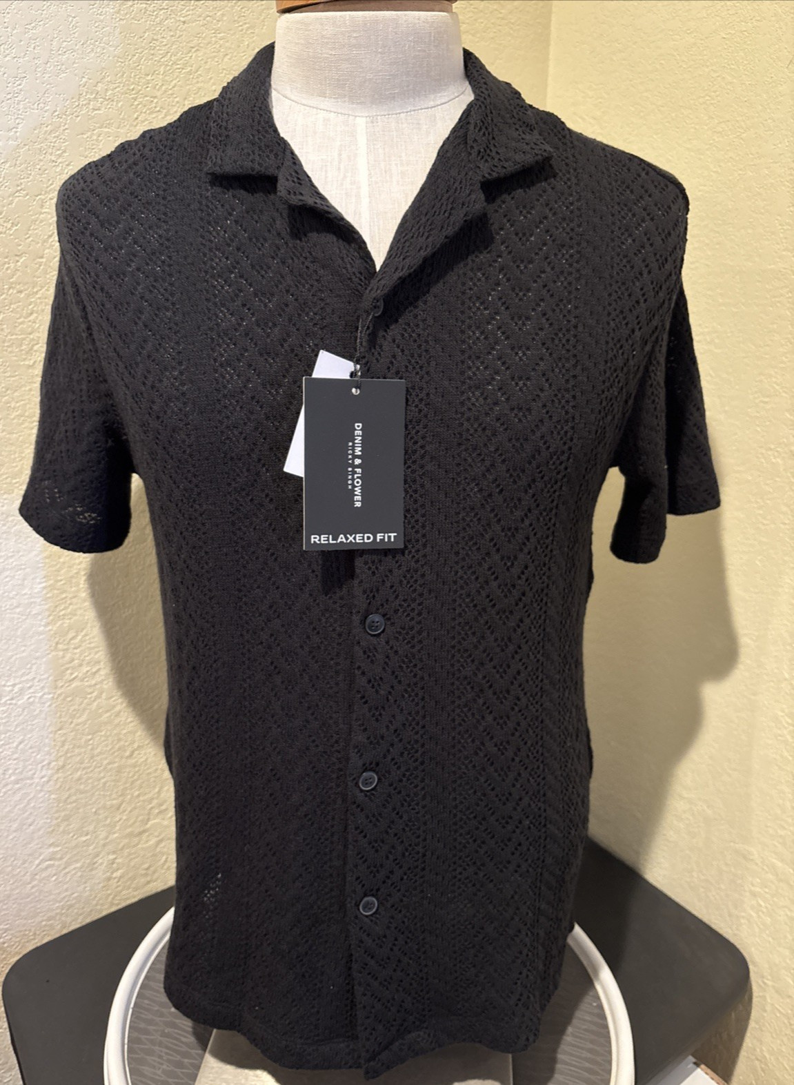 Denim & Flower Ricky Singh Textured Relaxed Fit SS Button Open Knit Shirt Medium