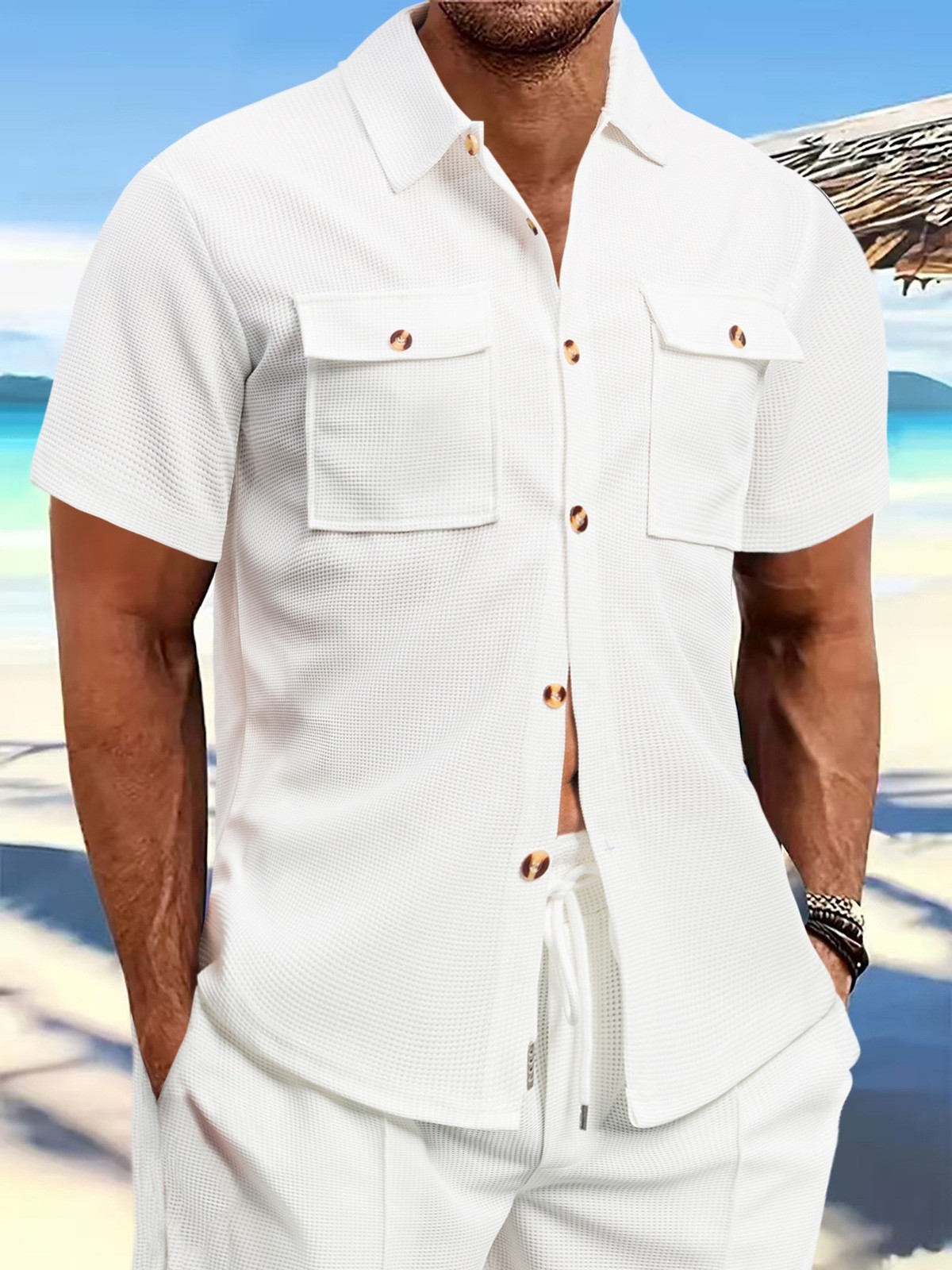 Summer Waffle Lapel Versatile Shirt