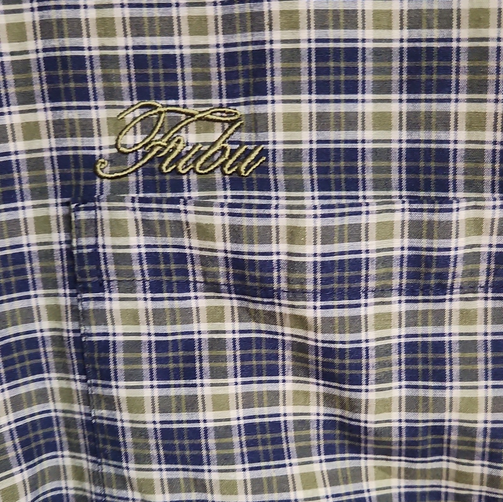 VTG FUBU Shirt Men 1X XL Blue Green Plaid Button Up Short Sleeve 90s Y2K Hip Hop