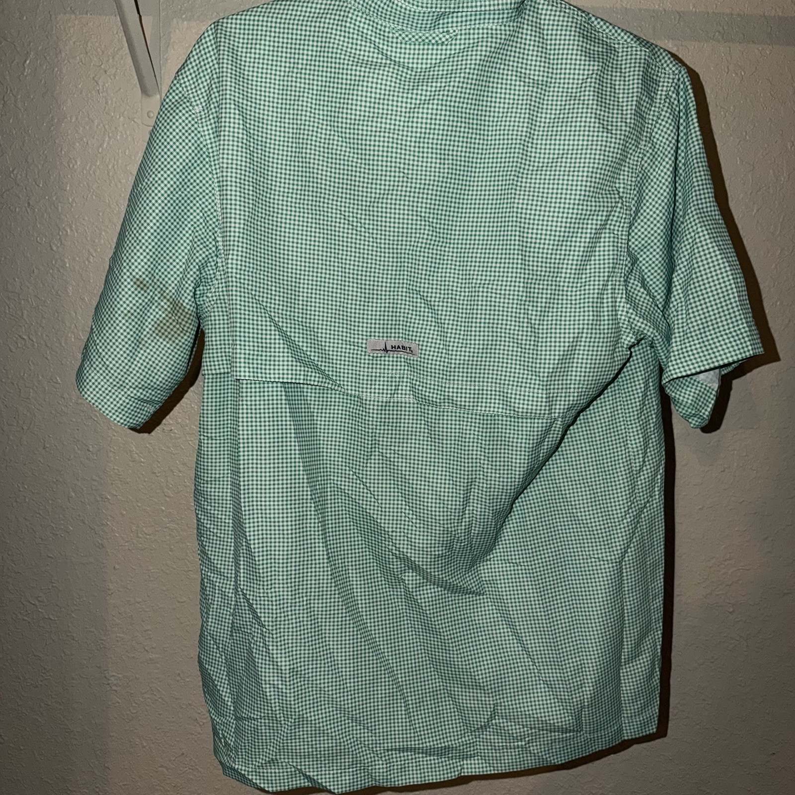 HABIT Men’s M Green White Check Short Sleeve Button-Up Shirt Pockets UV