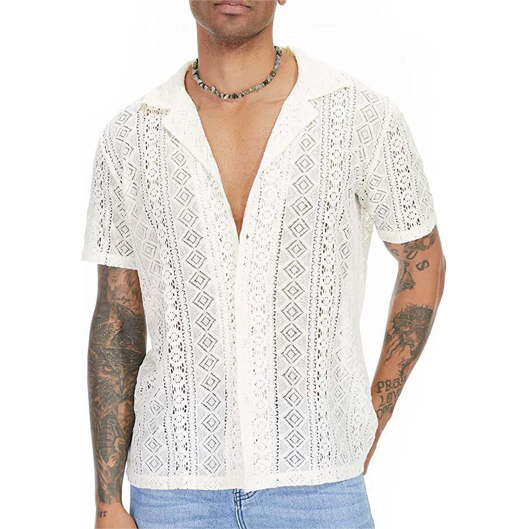 Summer solid color lace men’s lapel short sleeve hollow out sheer top