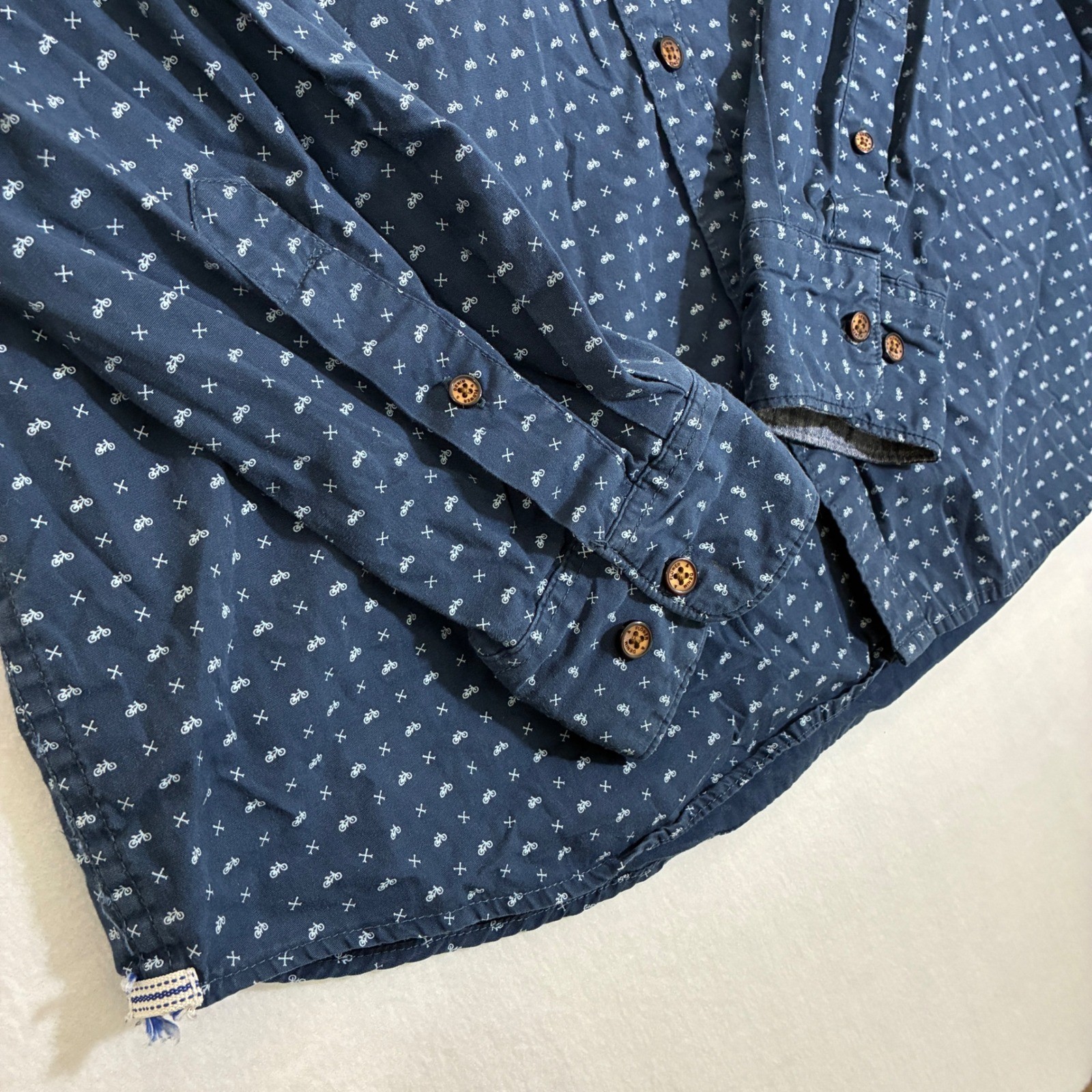 Denim & Flower Men’s XL Blue Bicycle Crossbones Print Slim Fit Button-Up Shirt