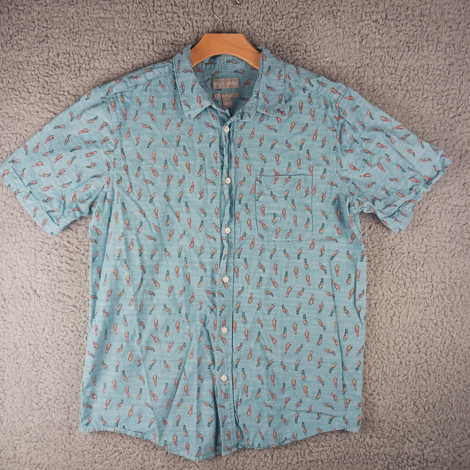 Falls Creek Mens L Parrot Print Button Up Shirt Modern Fit Tropical Cotton
