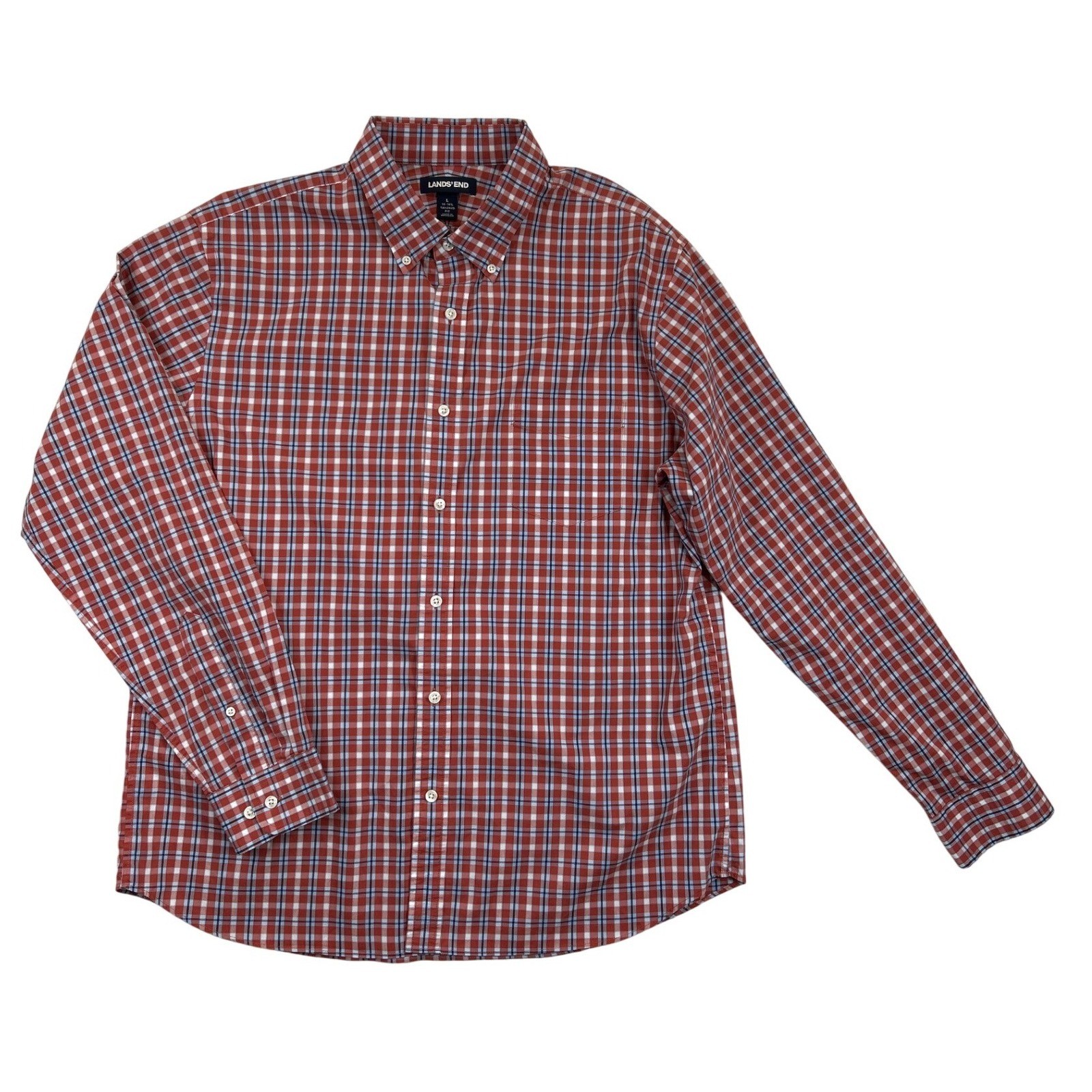 Lands End Shirt Mens L Red Blue Plaid Tailored Fit Button Down