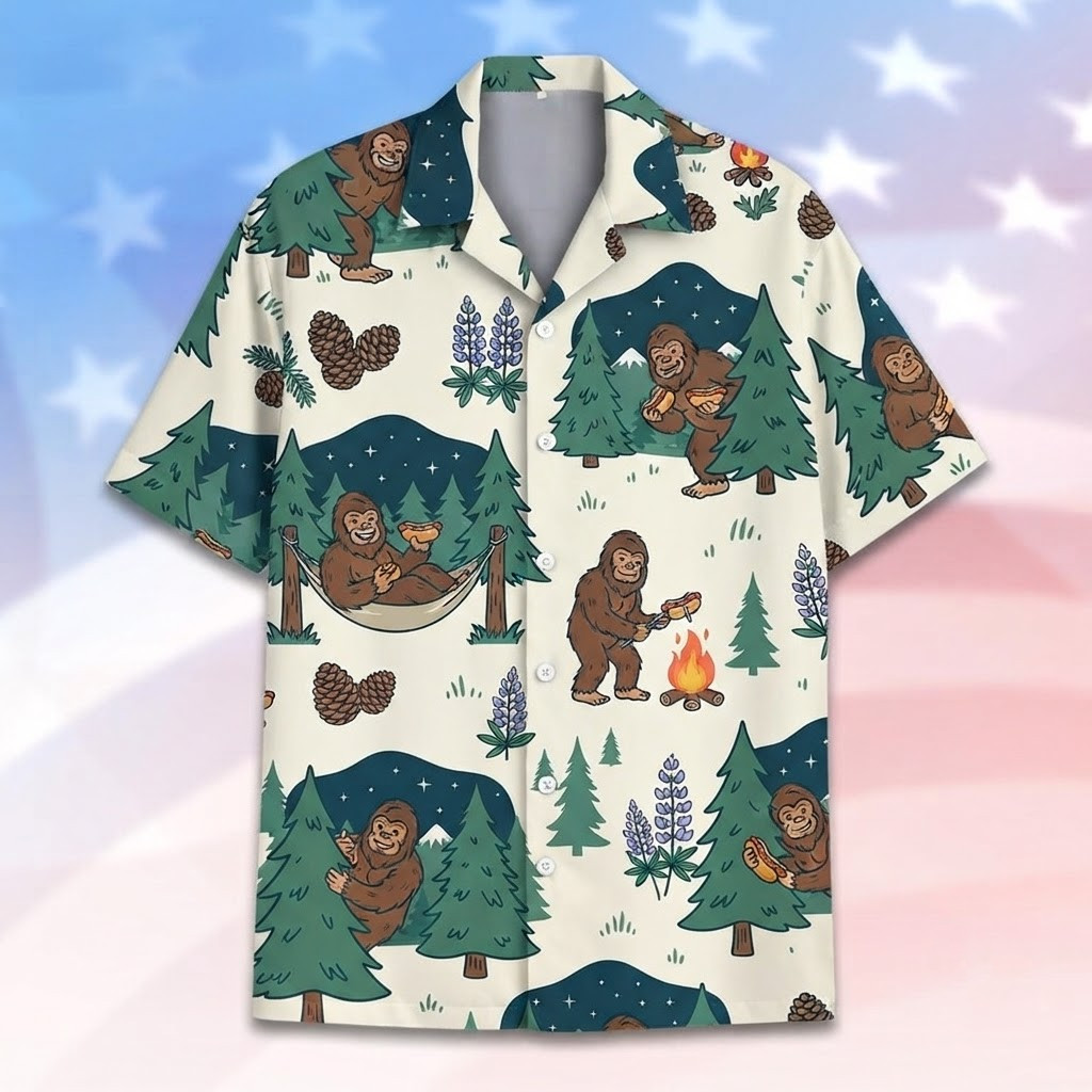 Funny Bigfoot Relaxing In Hammock With Hot Dog Hawaiian Shirt, Friends Gift