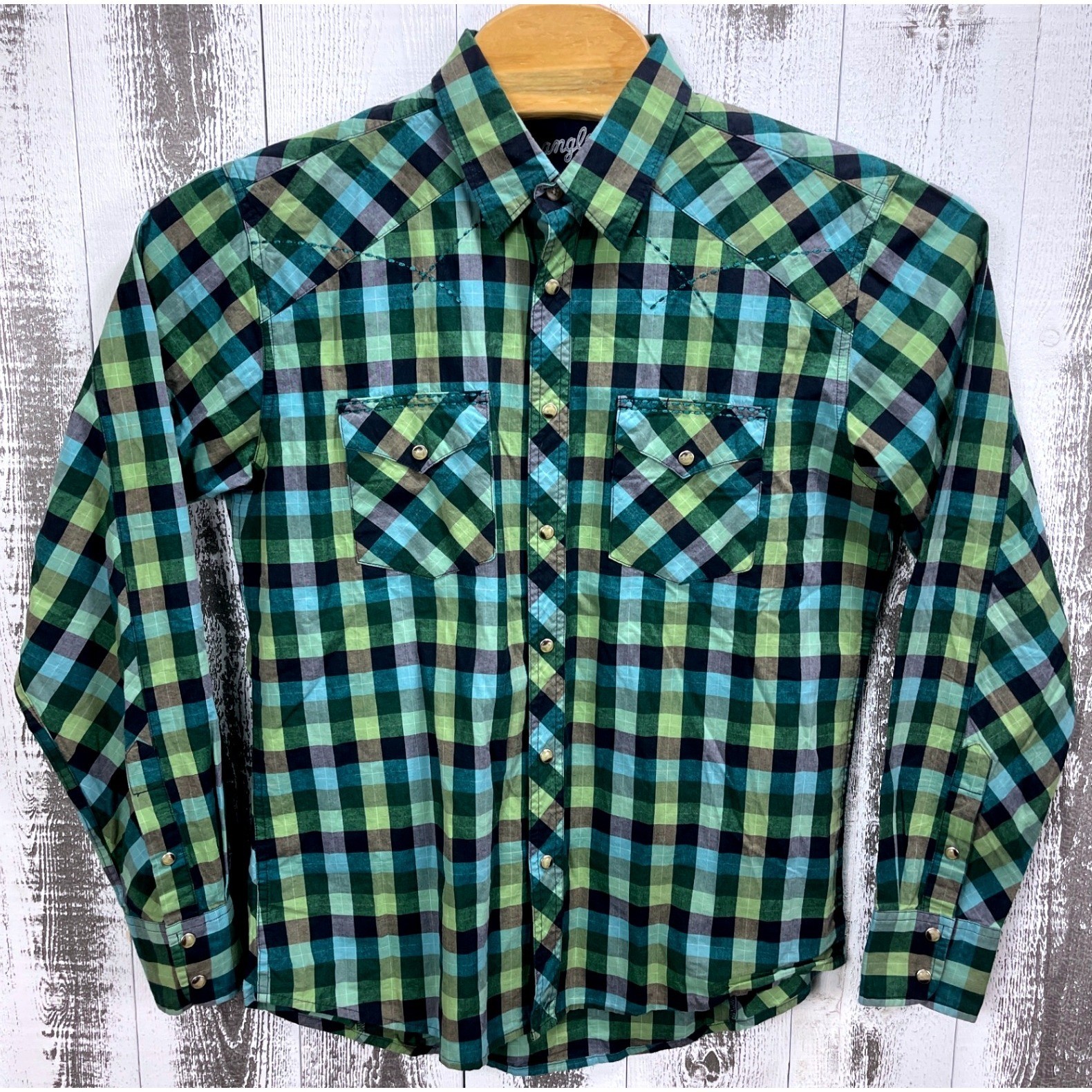 Wrangler 20X Mens L Green Blue Plaid Western Cowboy Rodeo Shirt