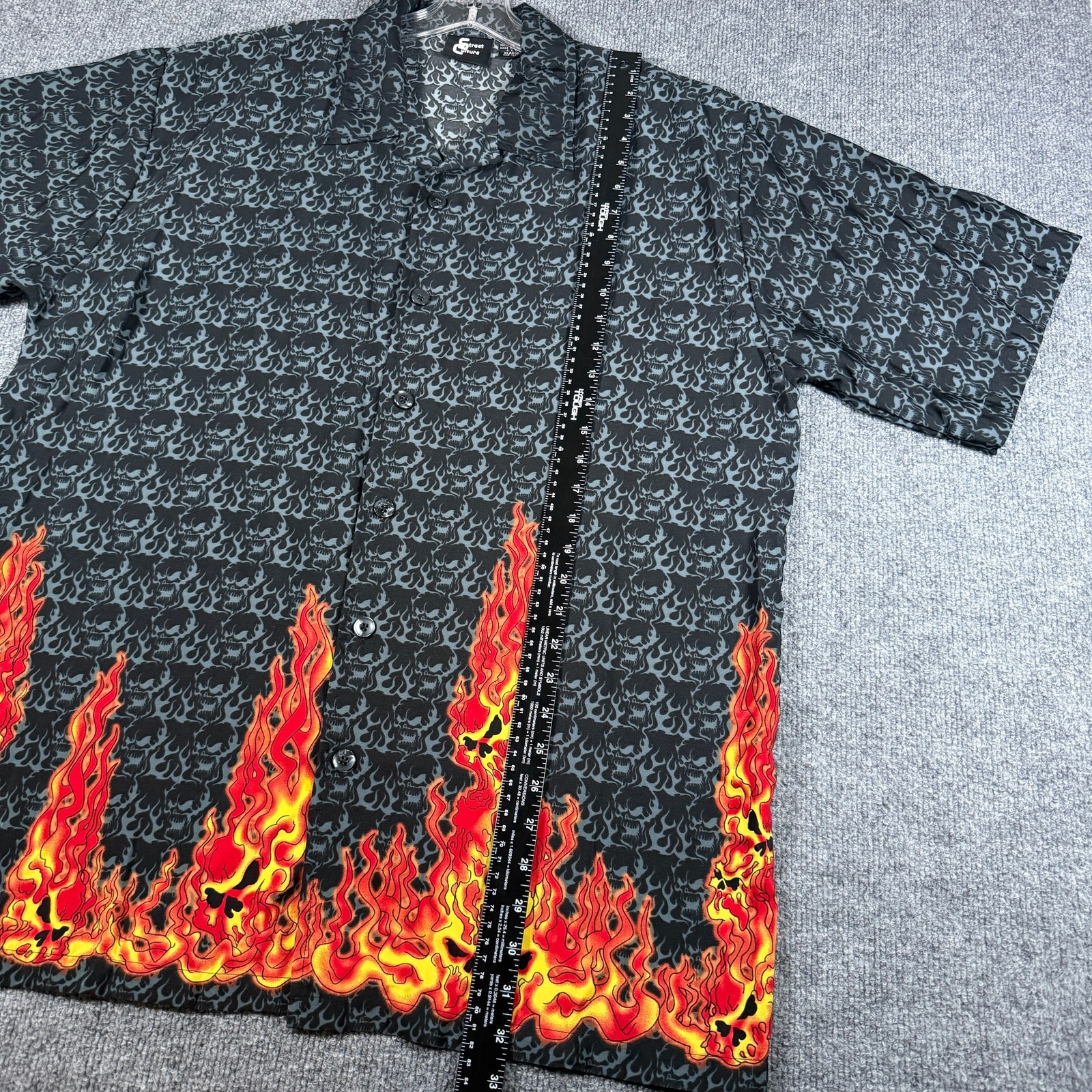 Vintage Street Culture Shirt Mens XL Black Button Up Short Sleeve Flames Skulls
