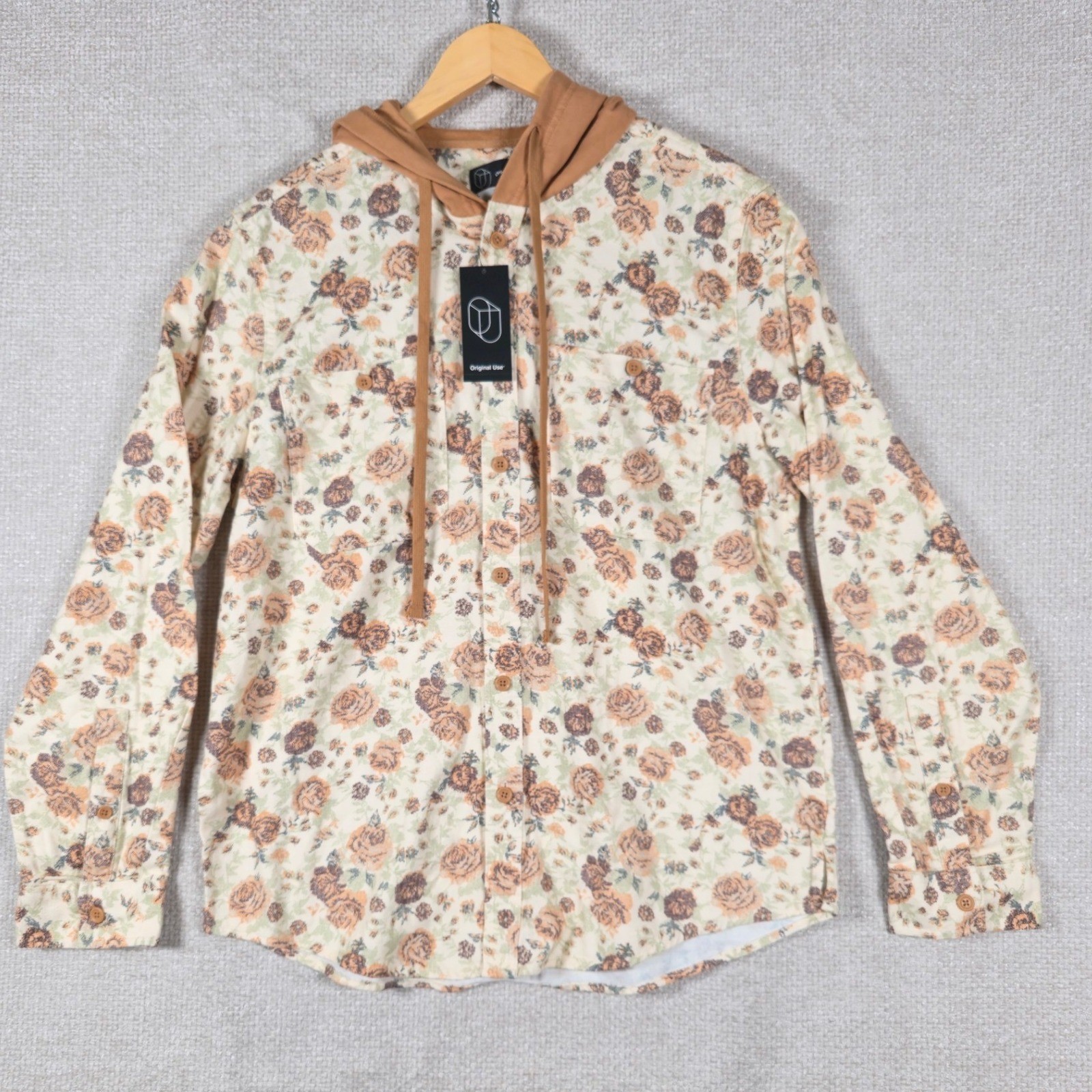 Original Use Mens Khaki Floral Hooded Button Down Shirt Rose Print Large NEW