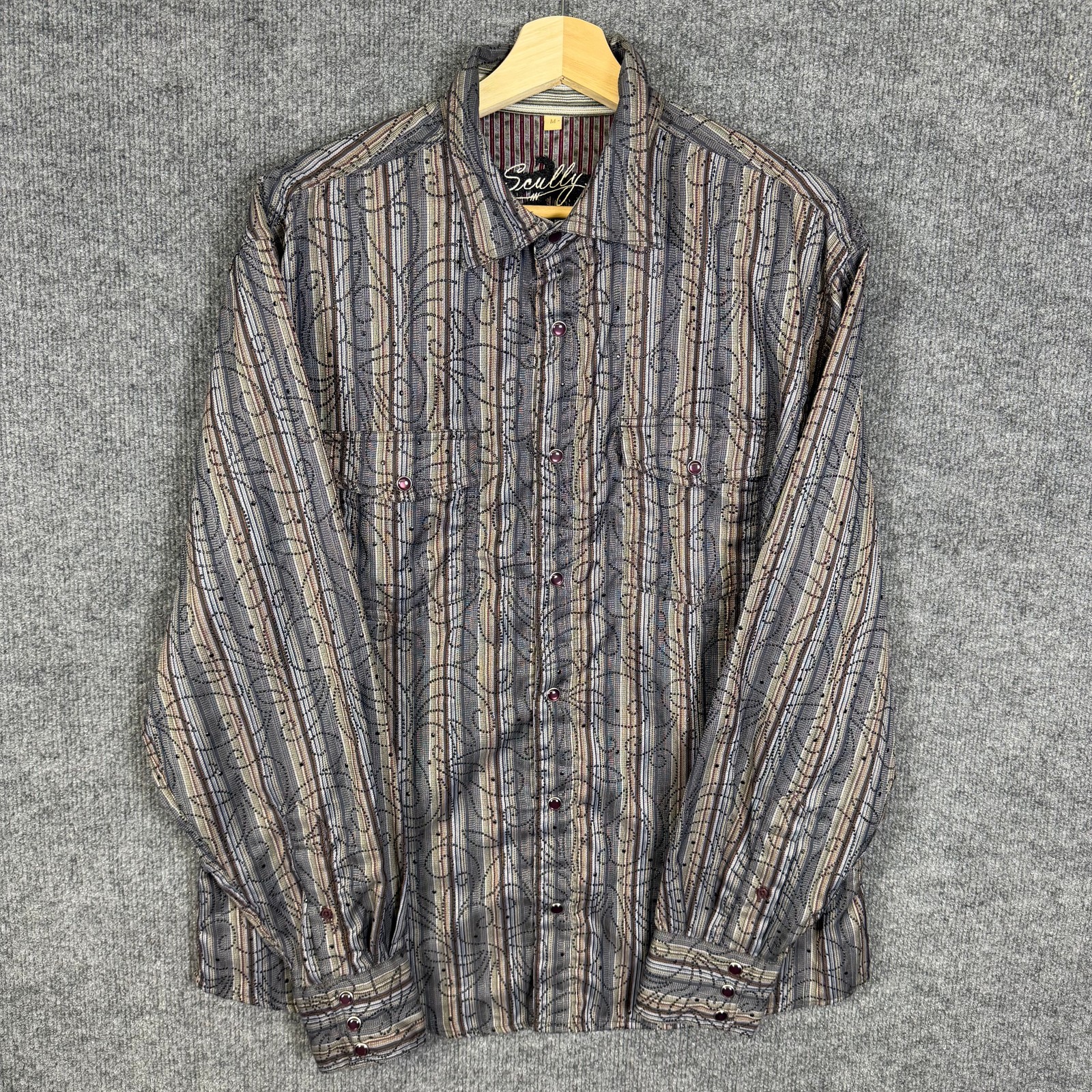 Scully Mens Western Shirt Size M Pearl Snap Studded Paisley Striped Long Sleeve