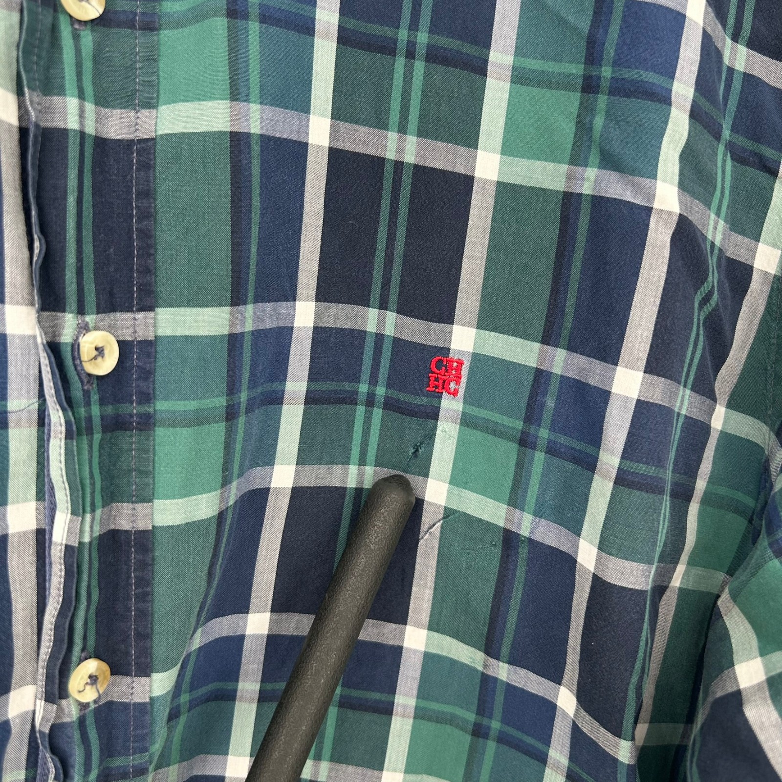 Carolina Herrera Dress Shirt Mens 16.5 Green Plaid Long Sleeve Button Down