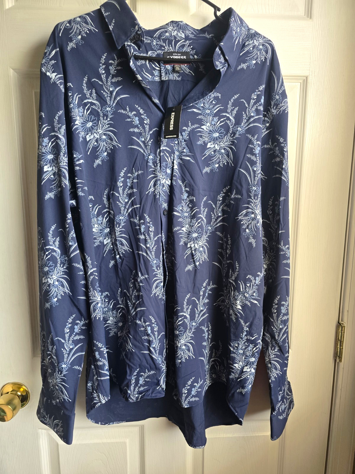 Express Men’s XXL Blue Floral Performance Stretch Extra Slim Shirt