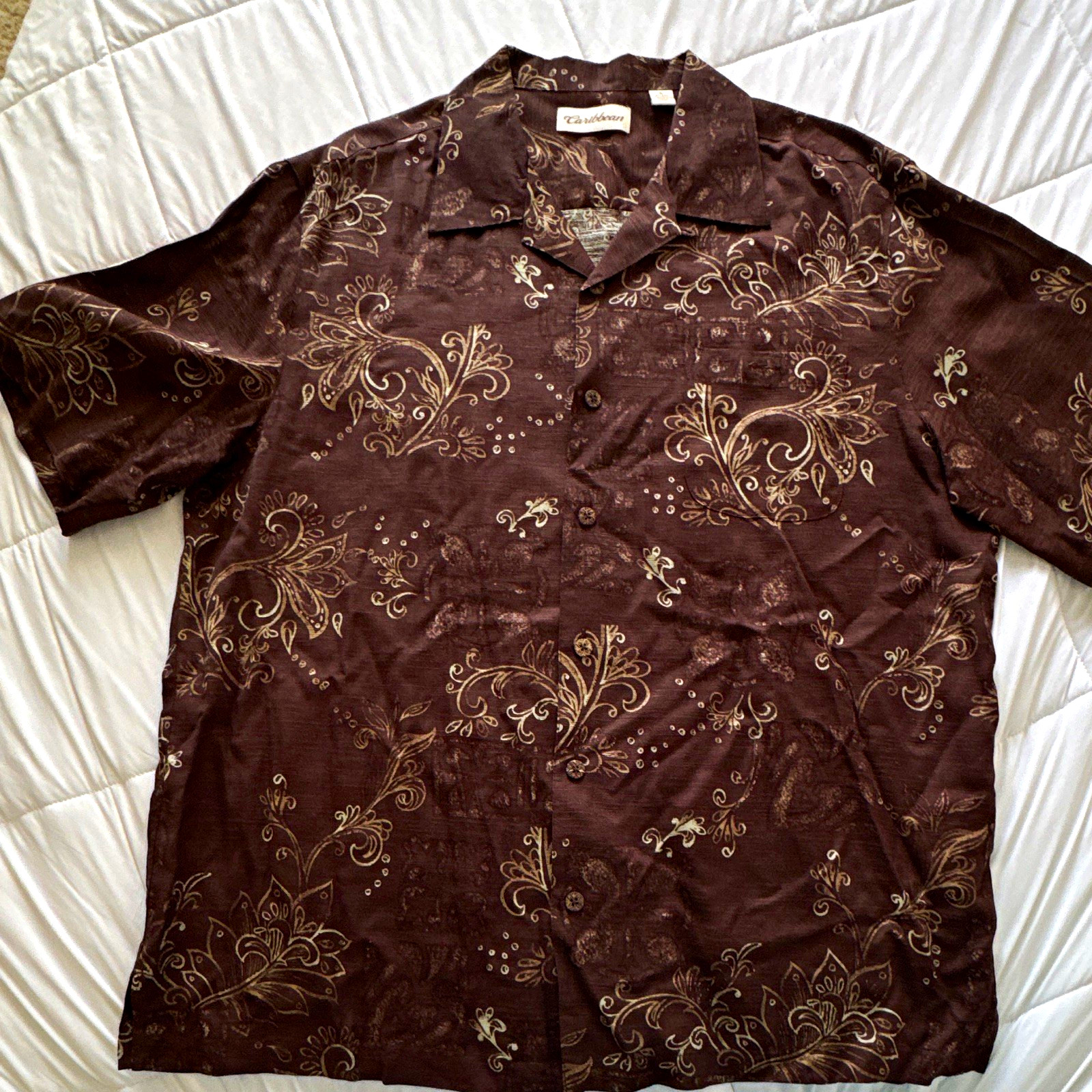 Caribbean Mens L Polyester Woven Hawaiian Floral Brown Button-Up Shirt SS