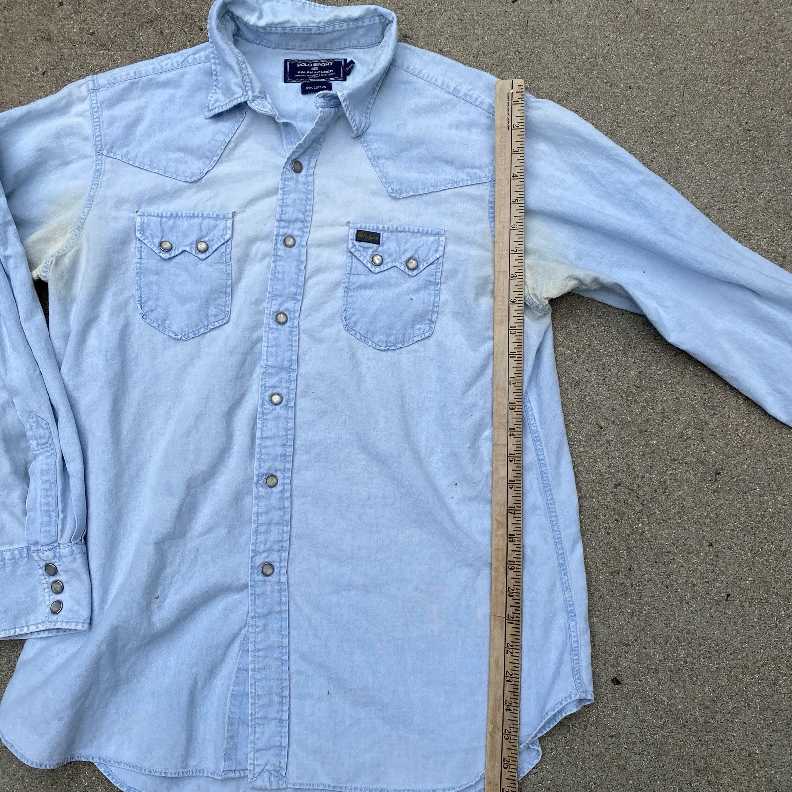 Polo Sport Denim Sawtooth Western Shirt Large Pearl Snap Distressed Light Wash