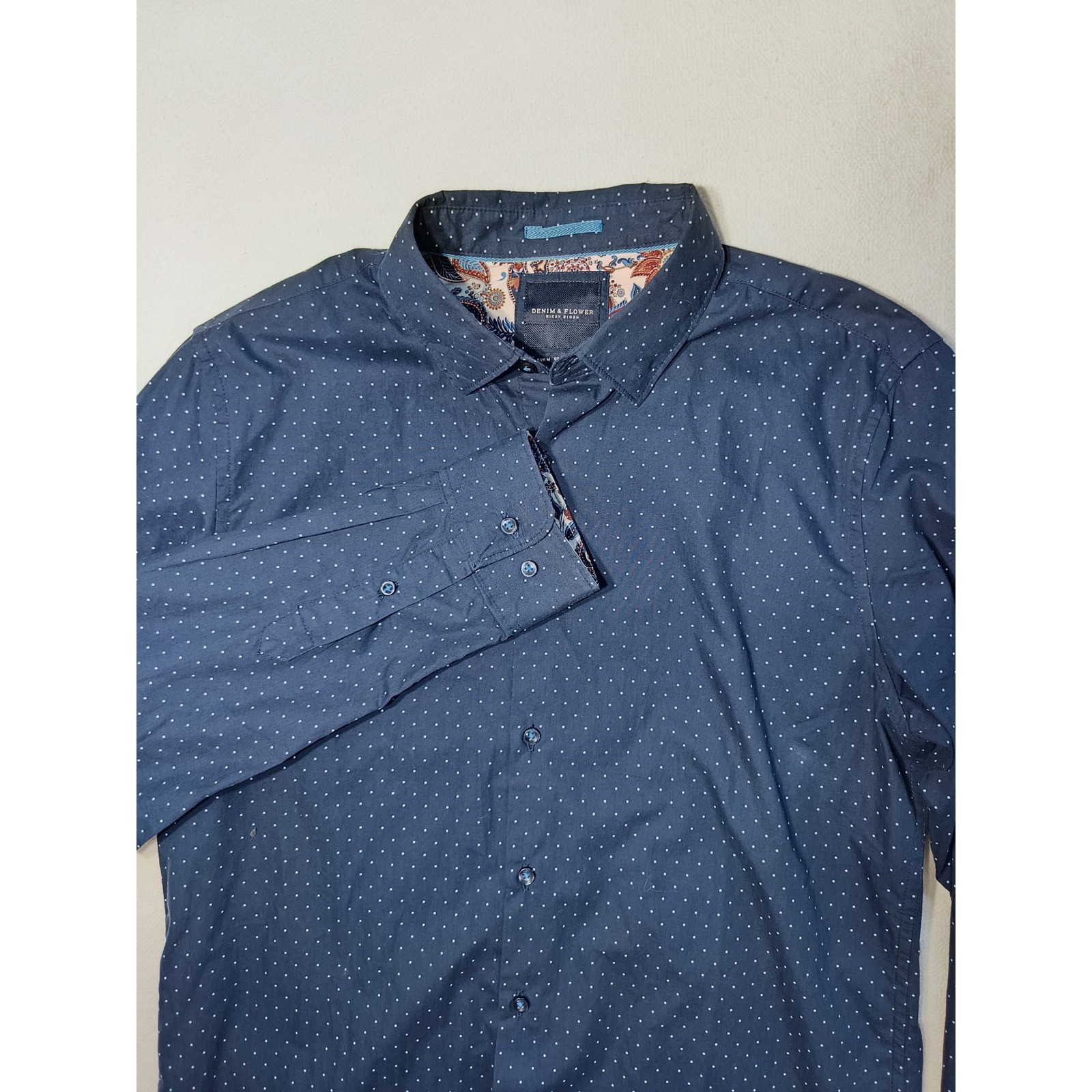 Denim & Flower Ricky Singh Mens Navy Polka Dot Paisley Trim Button Down Shirt M