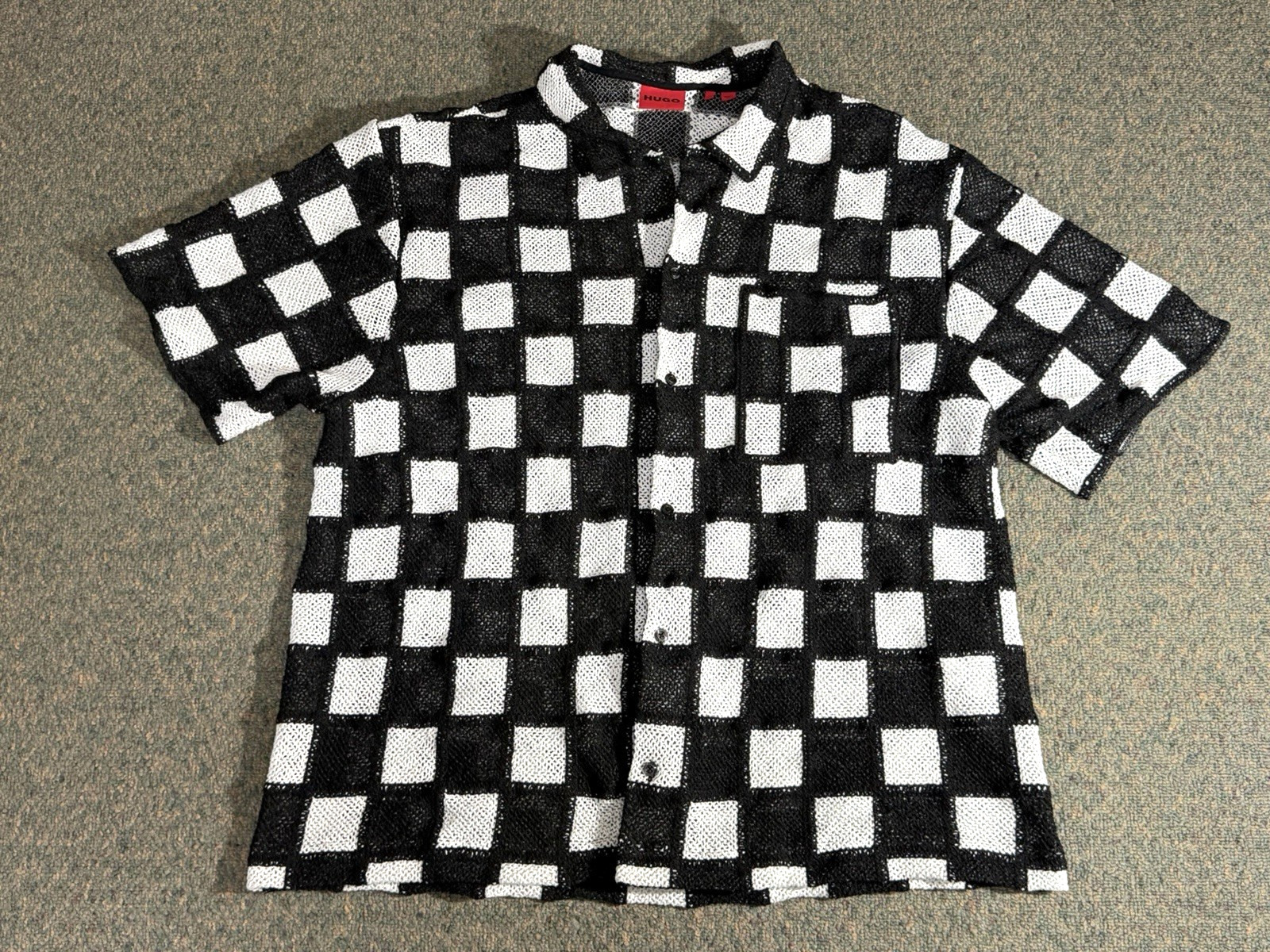 Hugo Boss Egeeno Button Up Shirt Men’s XL Crochet Knit Oversized Black/White