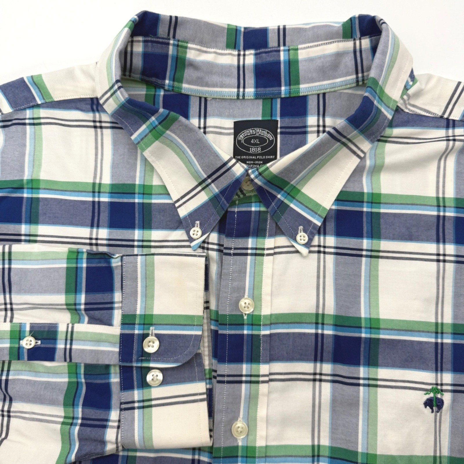Brooks Brothers Shirt Mens 4XL Blue Green Plaid 1818 Non-Iron Sufima Cotton LS
