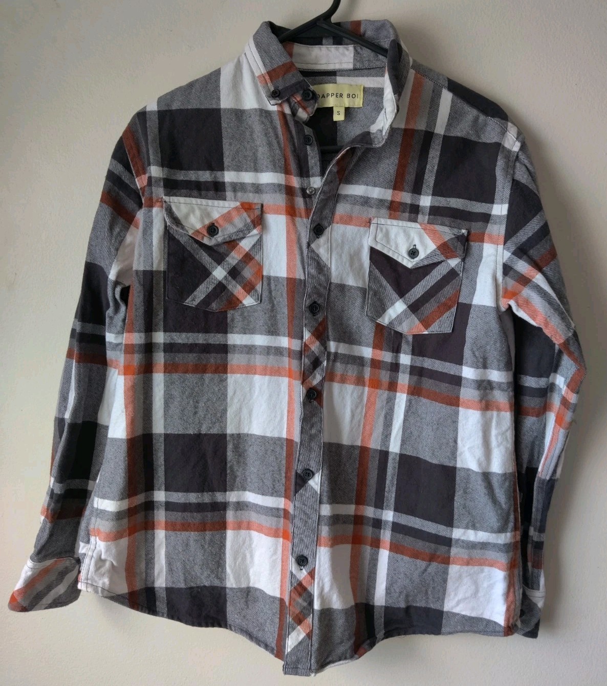 Dapper Boi Men’s Thick Flannel Black/White/Orange 100% Cotton Pockets Size Small