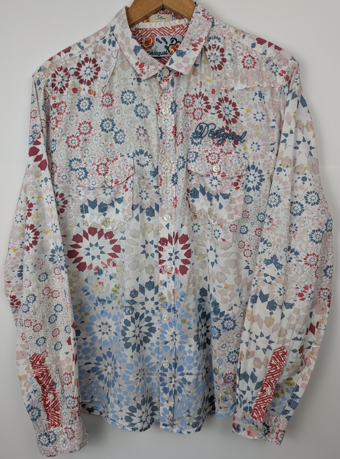 Desigual Shirt Mens Large Colourful Slim Fit Loud Geometric Bohemian Lightweight