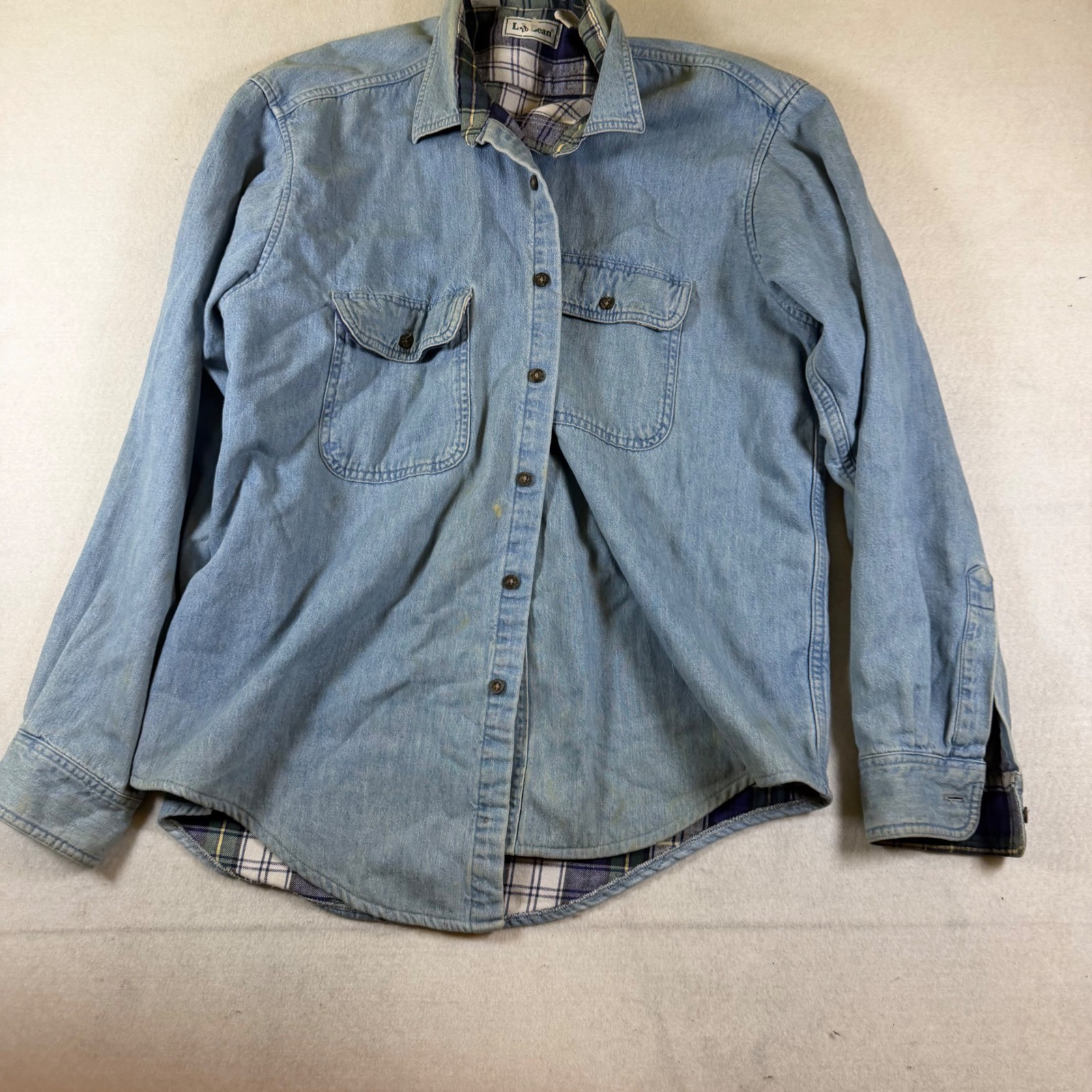 LL Bean Mens Large Flannel Lined Denim Shirt Light Wash Blue Cotton E200 Canada