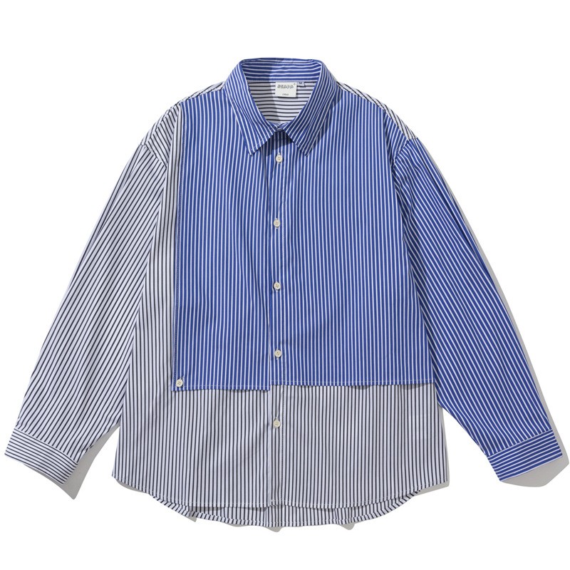 Japanese Striped Stitching Long Sleeve Shirt Men Loose Tooling Shirt Casual Coat