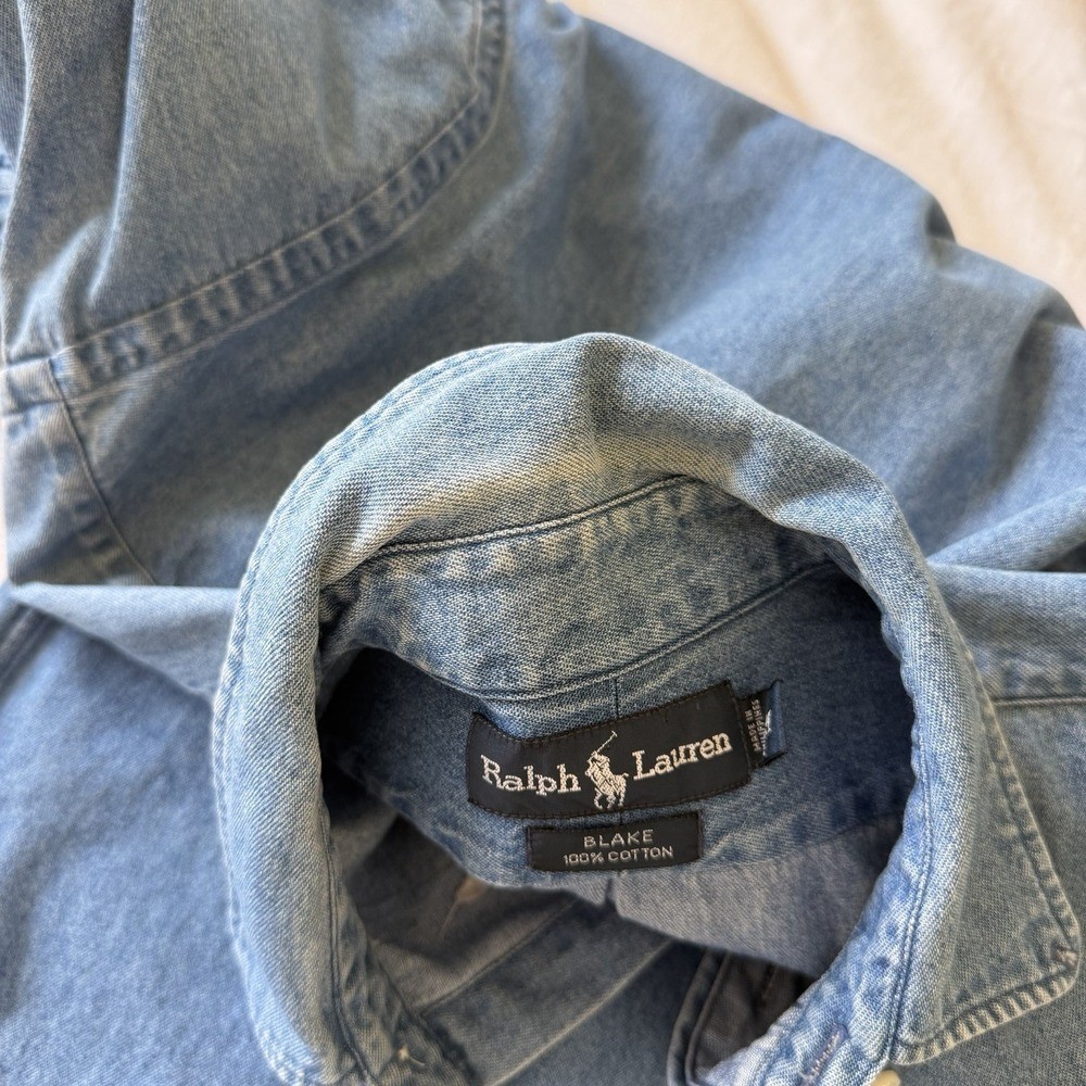 Vintage 90’s Ralph Lauren Polo Shirt Medium Blue Blake Denim Button Up Red Pony