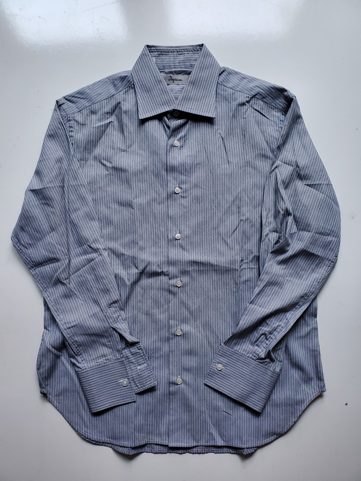 Ingraui Button Up Shirt Medium Gray with White Stripes Convertible Cuffs. Italy