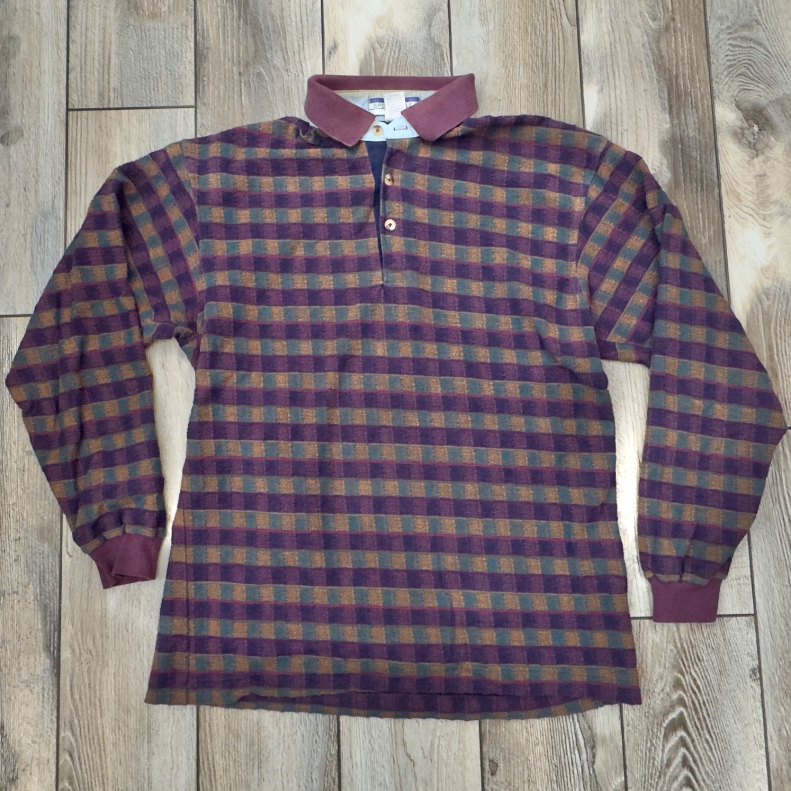 Vintage SportStyle Long Sleeve 3 Button Combed Cotton Polo Shirt Medium Read