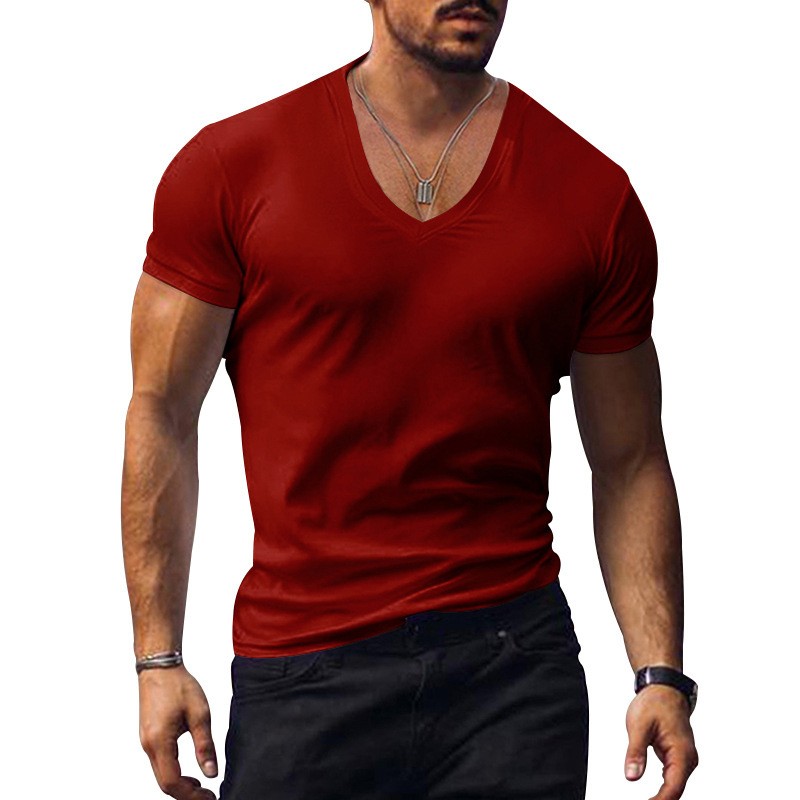 Summer men’s V-neck solid color thin casual T-shirt short sleeve top