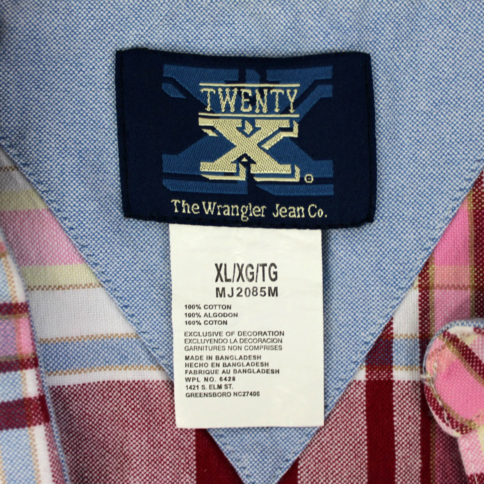 Wrangler 20X Plaid Shirt Mens Size XL Pink White Long Sleeve Cotton Western