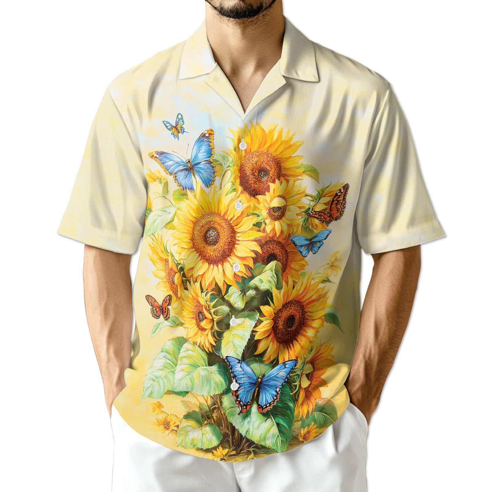Sunflower Butterfly Hawaiian Shirt Tropical Floral Summer Button Up
