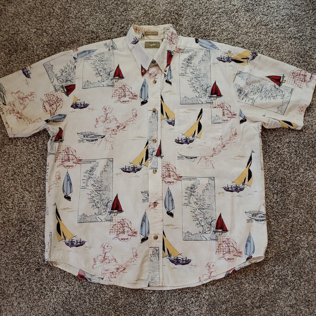 Vtg Natural Issue Mens Large Button White Nautical Short Sleeve Shirt Sail Boat