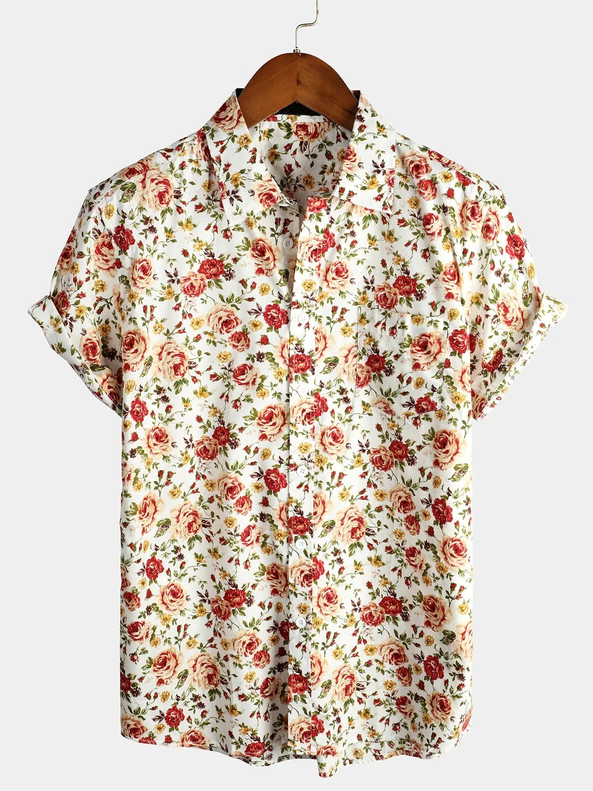 Mens Hawaiian Shirt Floral Button Up Tropical Beach Shirt