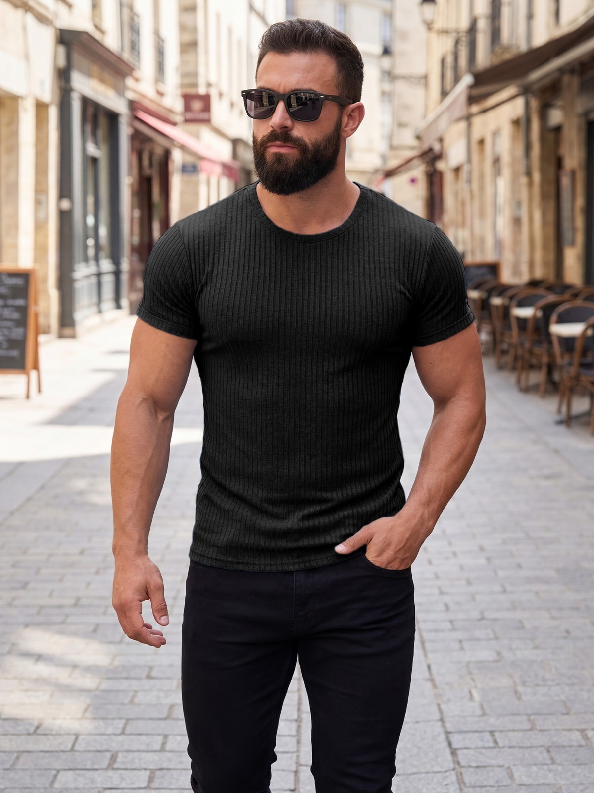 Summer Vertical Stripe Stretch Crew Neck Athletic Tee