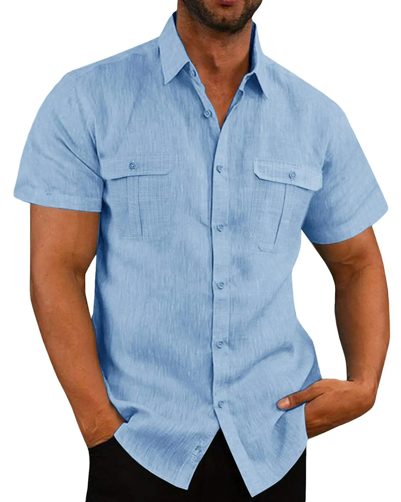Hot Sale Cotton Linen Men Short-Sleeved Shirts Summer Solid Color Beach Style