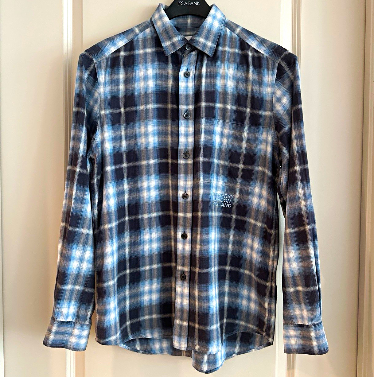 Burberry Men’s Blue/Gray Plaid Long Sleeve Button-Up Shirt Size Mens M